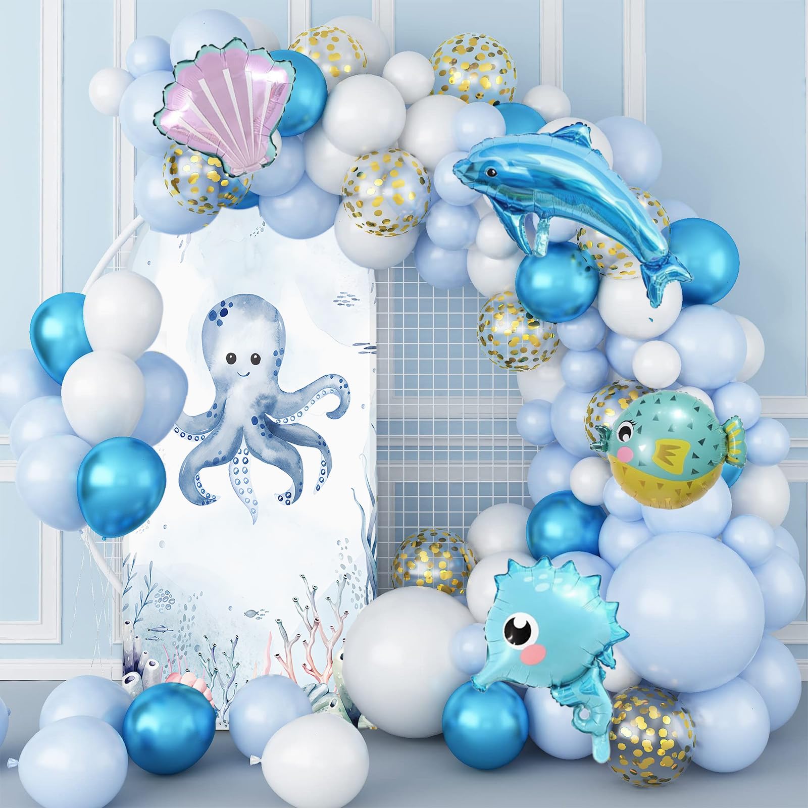 AIBIIN 100 x 210 cm sottomarino a forma di arco marino sfondo sotto il mare tema polpo arco copertura per Birthda Baby Shower torta Smash Party Decor