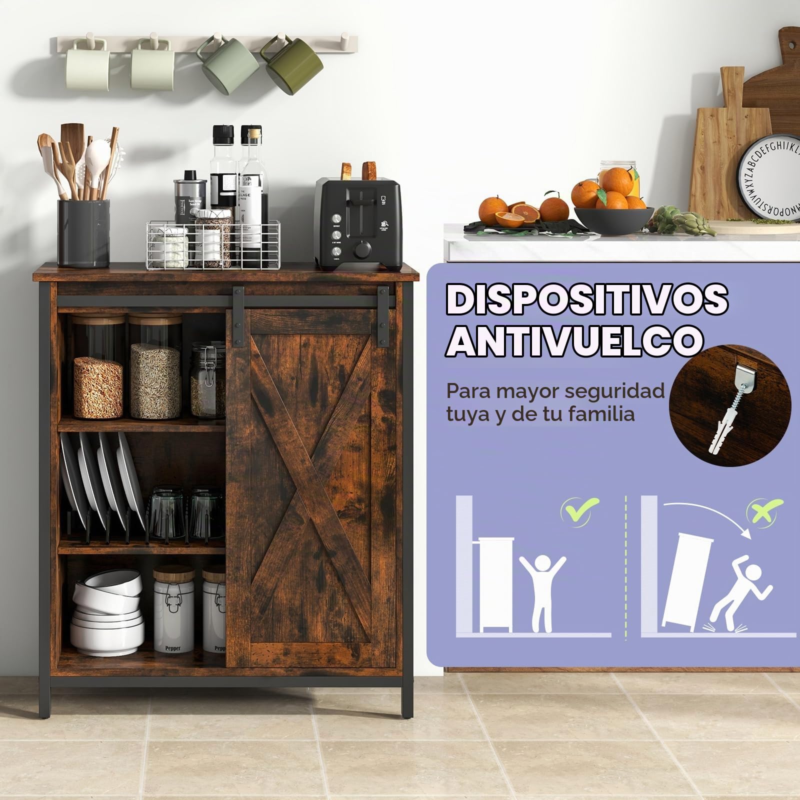 KOMFOTTEU Aparador de Cocina con Puerta Corredera de Granero | Mueble Buffet con 6 Compartimentos, Armario de Comedor con Estantes Ajustables de 3 Niveles, 70 x 30 x 81 cm