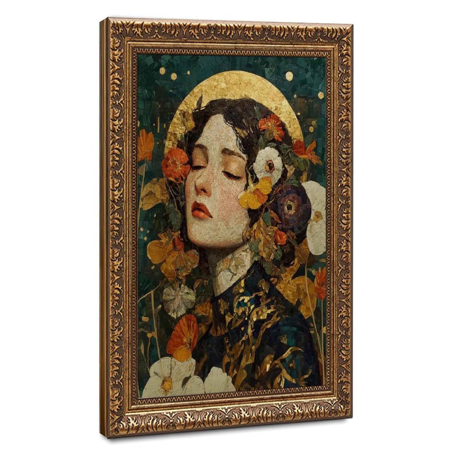 Bareronor Bronze Klimt-Inspired Mosaic Woman Canvas Poster Bedroom Decor Landscape Office Room Decor Gift 8" L X 12" W
