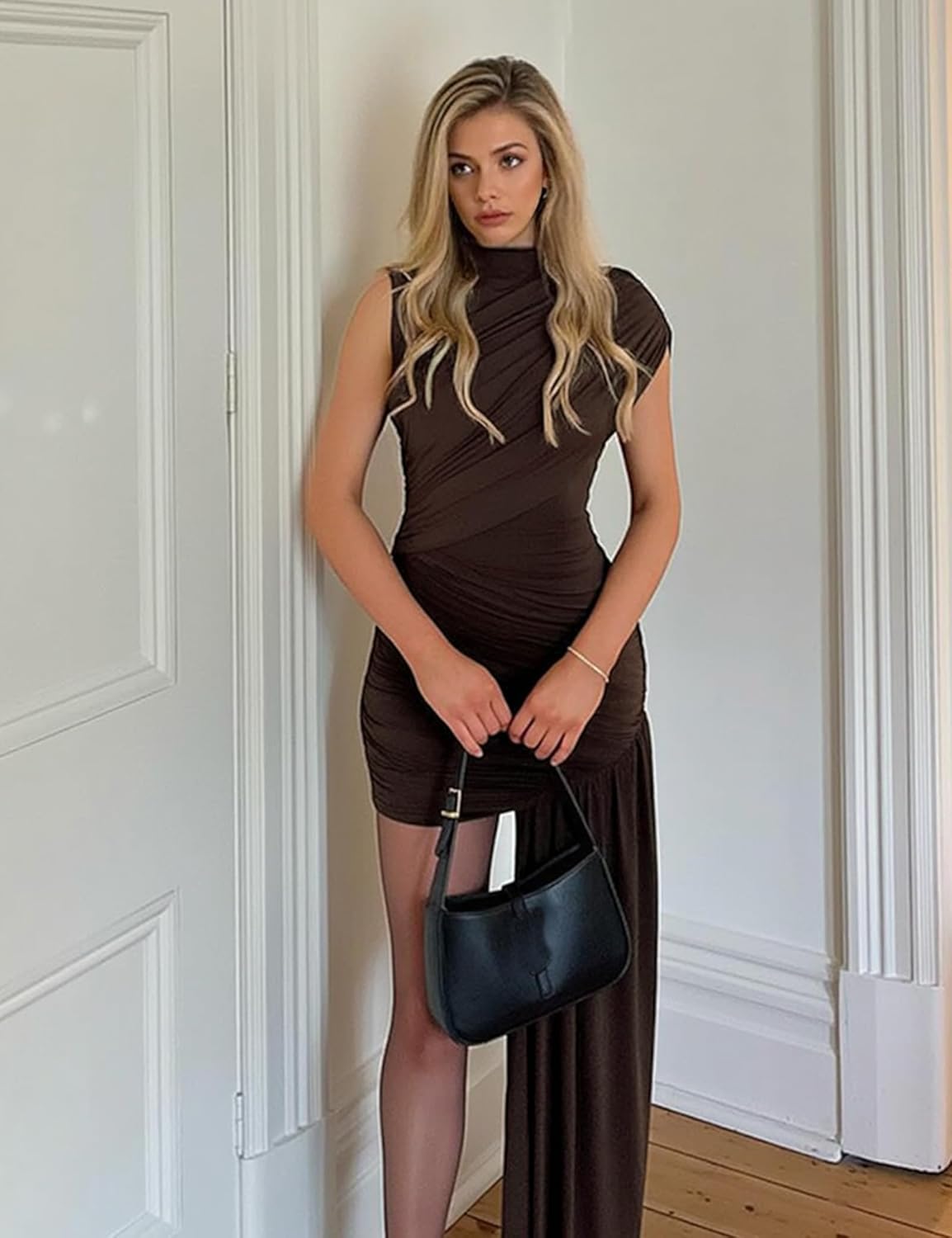 Womens Mock Neck Sleeveless Irregular Draped Bodycon Dresses Ruched Ribbon Slim Fit Club Party Cocktail Dresses - Image 3