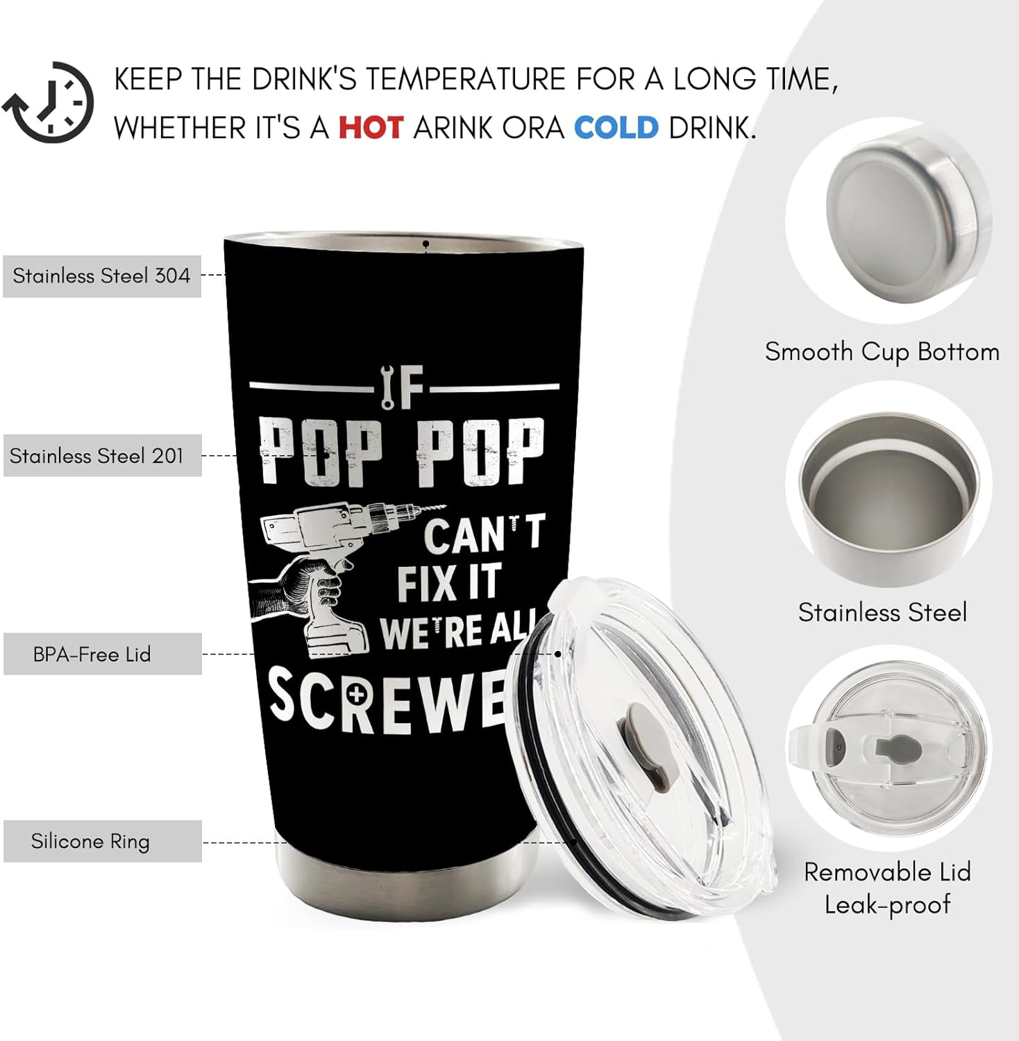 Grandpa Pop Pop 20oz Travel Coffee Mug Tumbler Gifts for Fathers Day from Grandkids, Christmas Birthday Gifts for If Pop Pop can't Fix It Water Stainless Steel Tumbler with Lid and Straw - Image 6