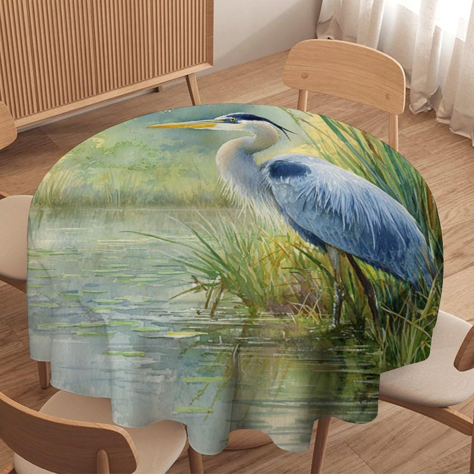 LUYYSKY Modern Natural Blue Heron Round Tablecloth Rustic Vintage Spring Lake Animal Heron Print Washable Decor for Table Cover for Kitchen-152.4" Wx152.4 L cm