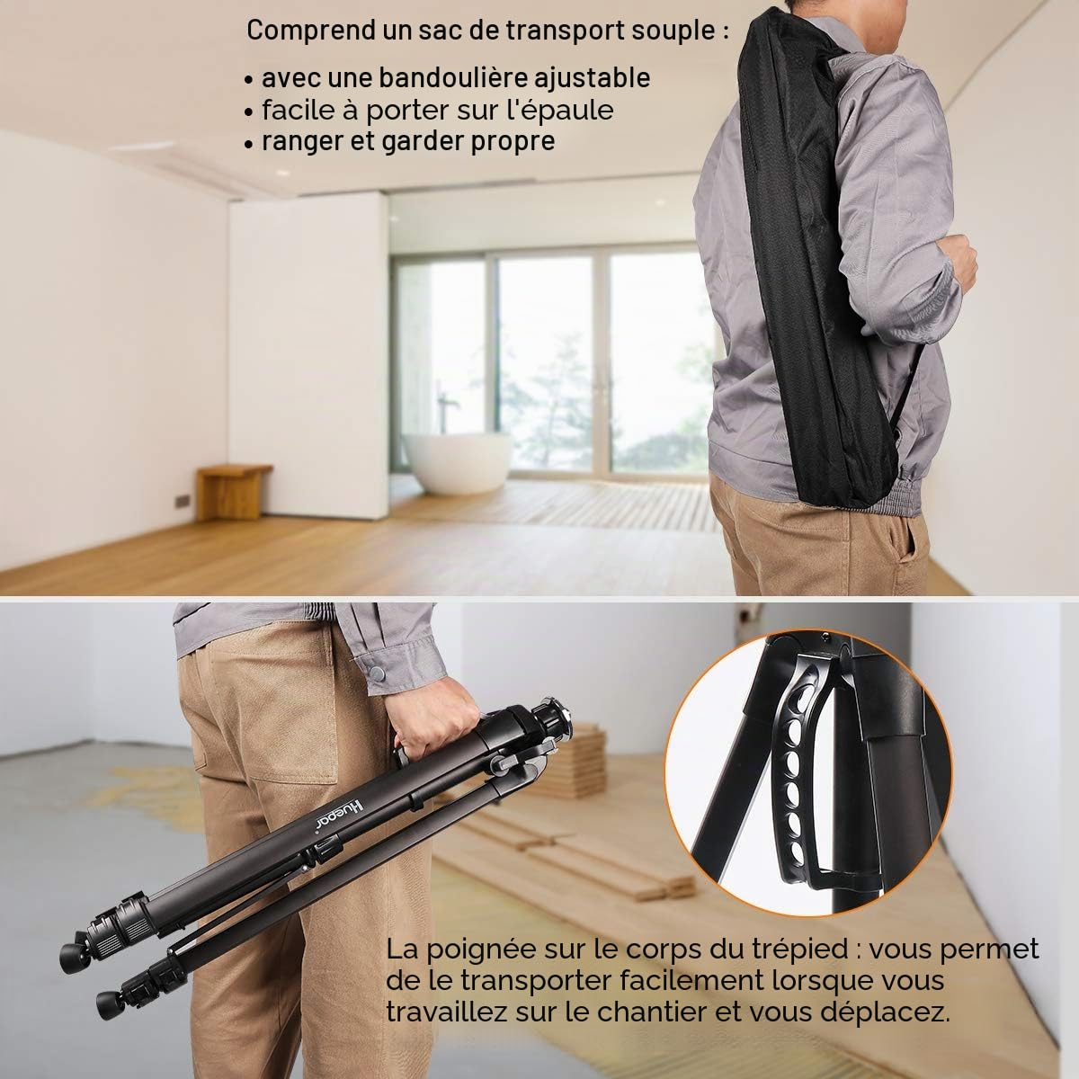 Huepar TPD16 Trépied en aluminium tête plate niveau laser poignée niveau à bulle filetage 5/8"-11 adaptateur 1/4"-20 sac de transport inclus