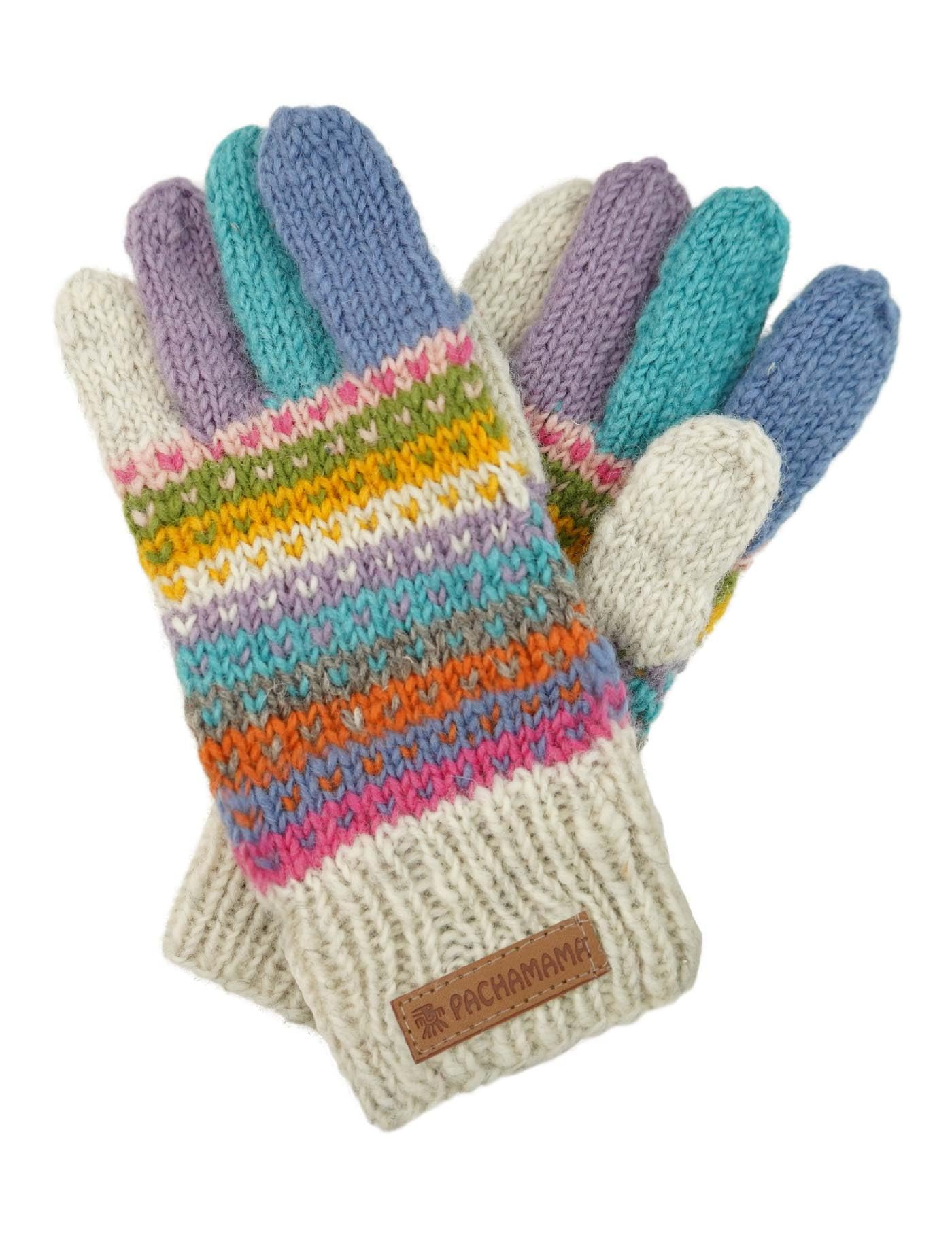 Pachamama Women Wool Gloves Handknitted Dots Stripes Multicoloured One-Size Handmade Extra Warm Fair Trade