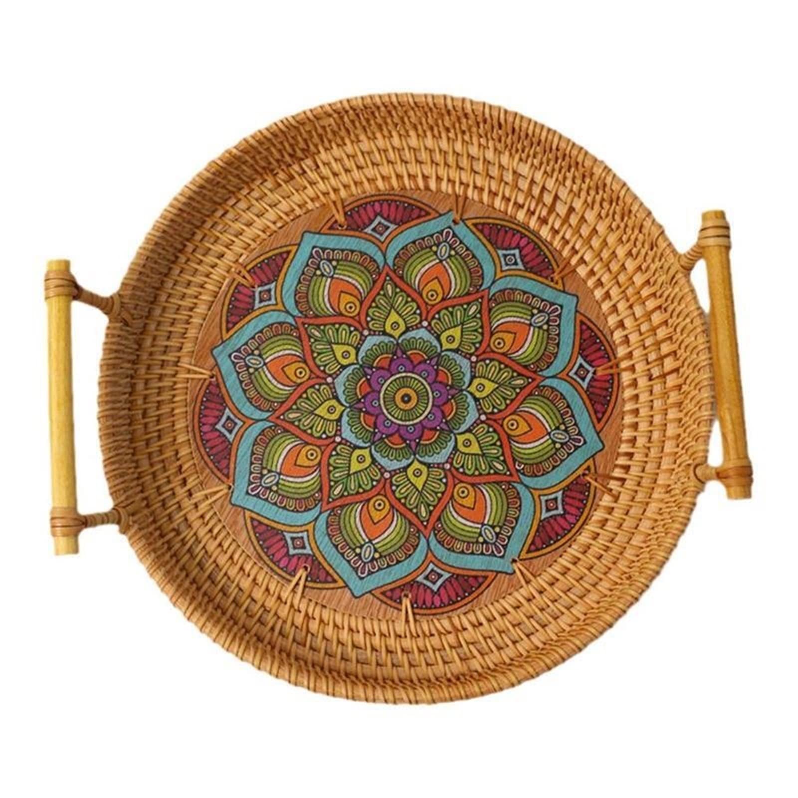 JINGYAN Breakfast Trays Rattan Handwoven Round Serving Tray Food Storage Plate With Wooden Handles Wicker Basket Wood For Fruit Breadbask(28cm)