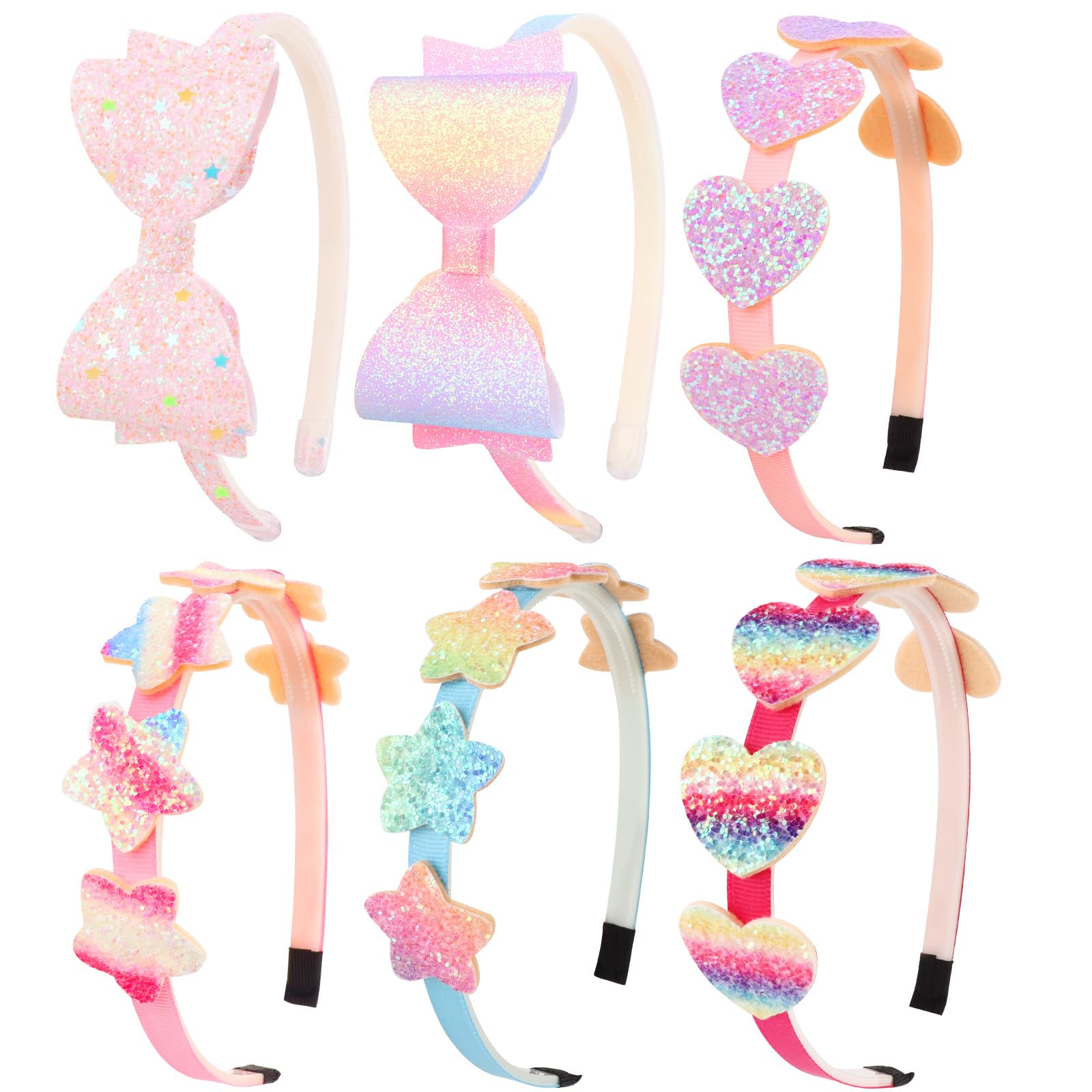 DRESHOW 6 Stück Mädchen Schleife Haarbänder Glitter Kinder Stirnband Herz Stern Haarband für Kleinkinder Teens