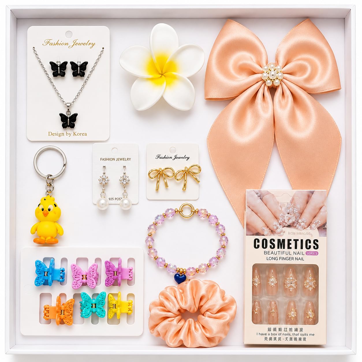 10- Piece Girls Fashion Accessories Gift Set for Women & Teens – Satin Hair Bow, Scrunchie, Butterfly Hair Clips, Artificial Nails, Necklace & Earrings Set, Bracelet, Flower Hair Clip, Cute Keychain | Birthday Gift Hamper for Girls-image-38