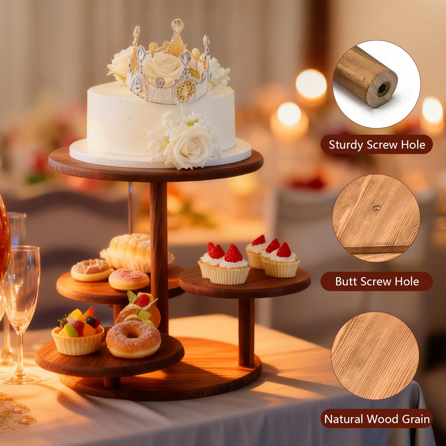 Supporto per torte e cupcake a 4 ripiani, in legno, per dolci, dolci, ciambelle, per matrimoni, compleanni, feste a tema, decorazioni natalizie