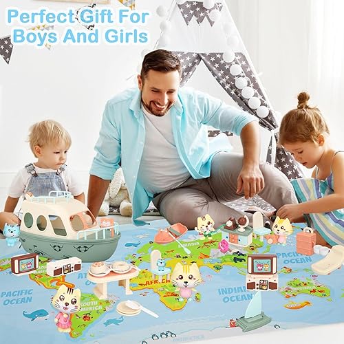 Miniatura 7 de TQQFUN Juguetes de gato para niños, juego de figuras de gato, juego de barco para baño, playa, juego de rol, juguetes de animales para niños y