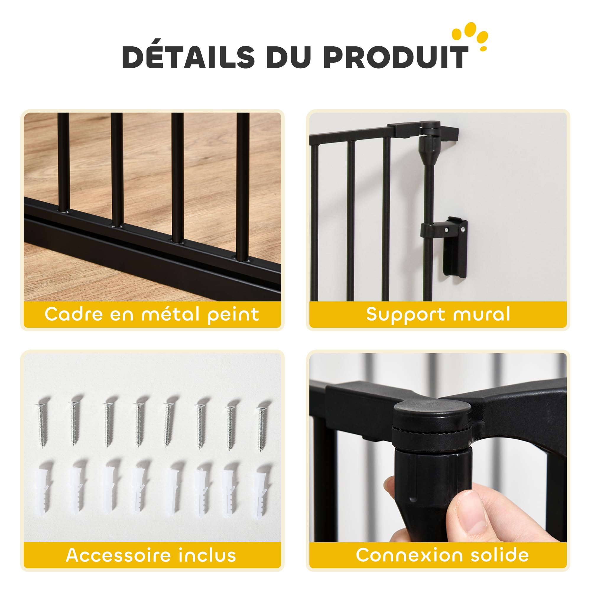 PawHut Barrière de sécurité Parc enclos Chien modulable Pliable Porte intégrée 300L Max. x 74,5H cm métal PP Noir