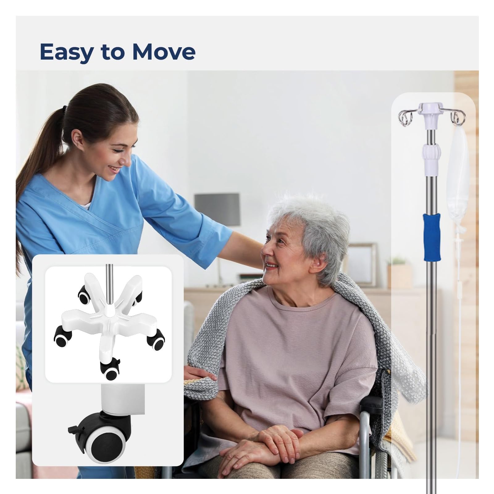 Soporte para Suero Intravenoso 4 Ganchos, 5 Ruedas, Poste Intravenoso Ajustable en Altura para Hospital en Casa(Color:White a)