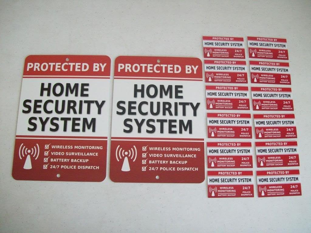 2 Home Security Alarm System 7" x 10" Metal Yard Signs & 12 Window Stickers - Stock # 703