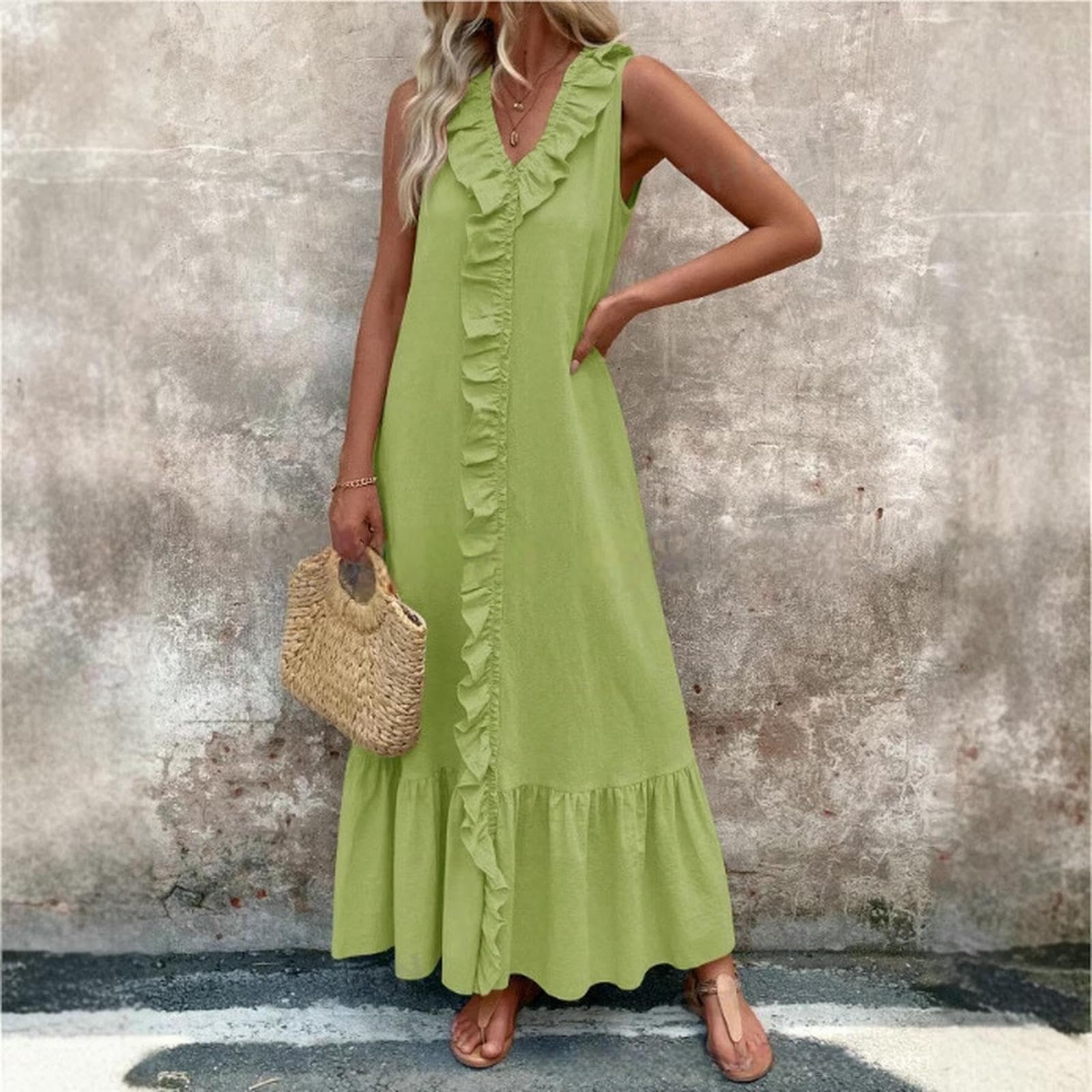 Vestito Maxi Abito Svasato con Scollo A V in Cotone E Lino Primavera Estate — Disponibile-Mare Blu-XL