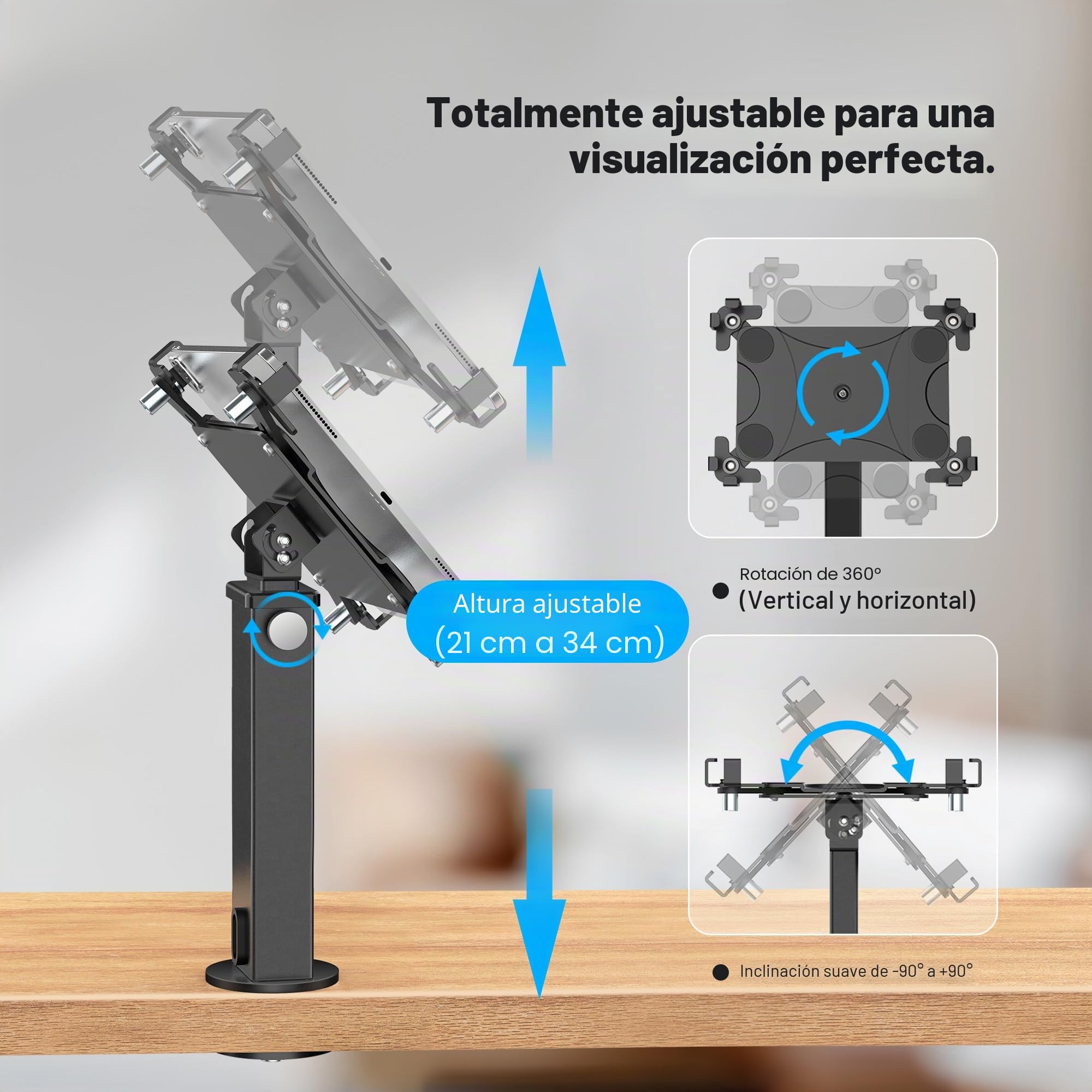 AboveTEK Soporte Antirrobo de Escritorio para iPad, Ajustable con rotación de 360° e inclinación de 180° para tabletas de 9,7 a 13 Pulgadas,Aluminio Resistente, Ideal para el Trabajo-Negro