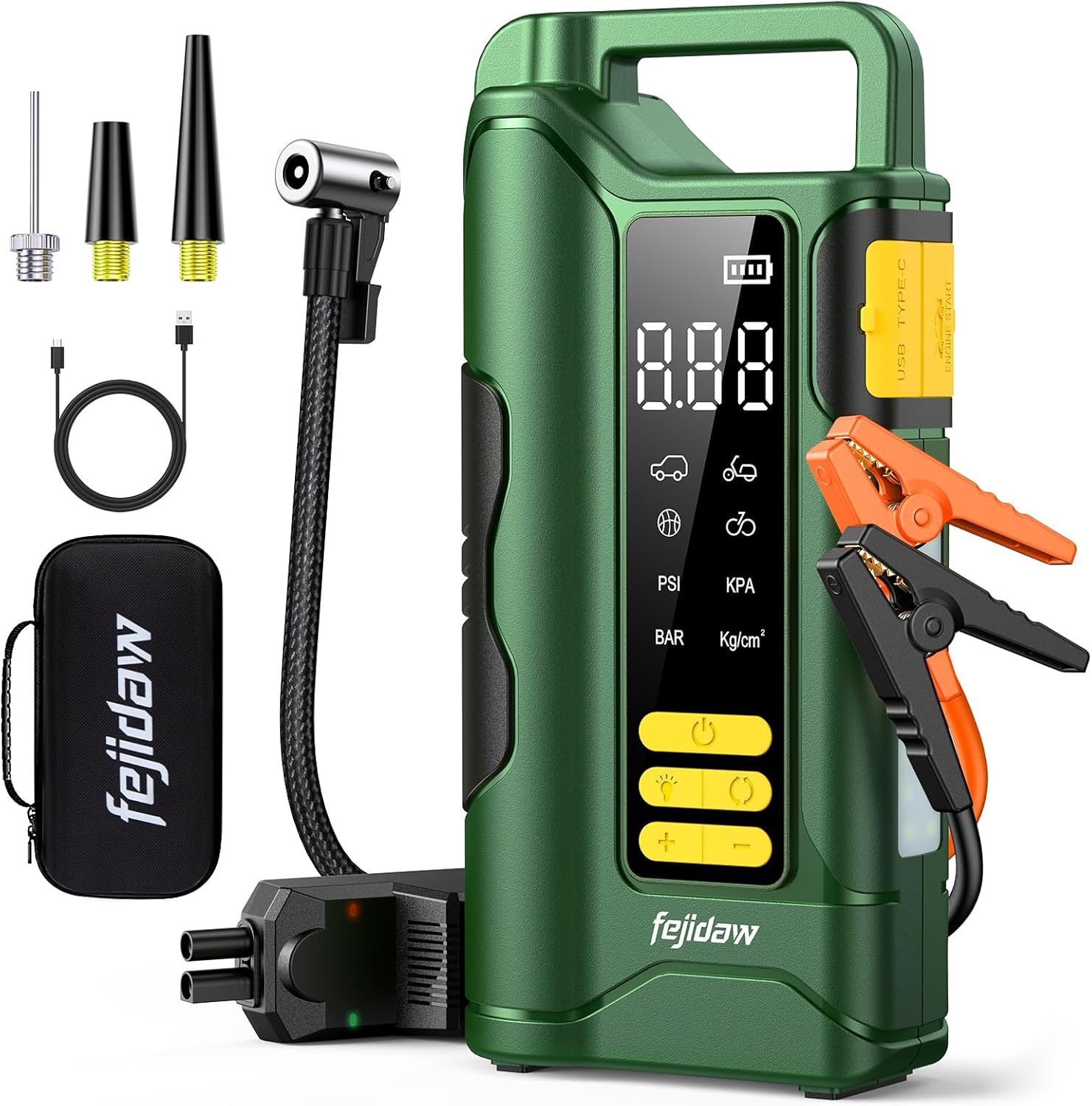Jump Starter with Air Compressor,6000A Car Battery Jumper Starter, 20000mAh Battery Jumper Starter Portable for 10L Gas/Diesel Engine with 160PSI Booster,LED Display & Light,Jumper Cables