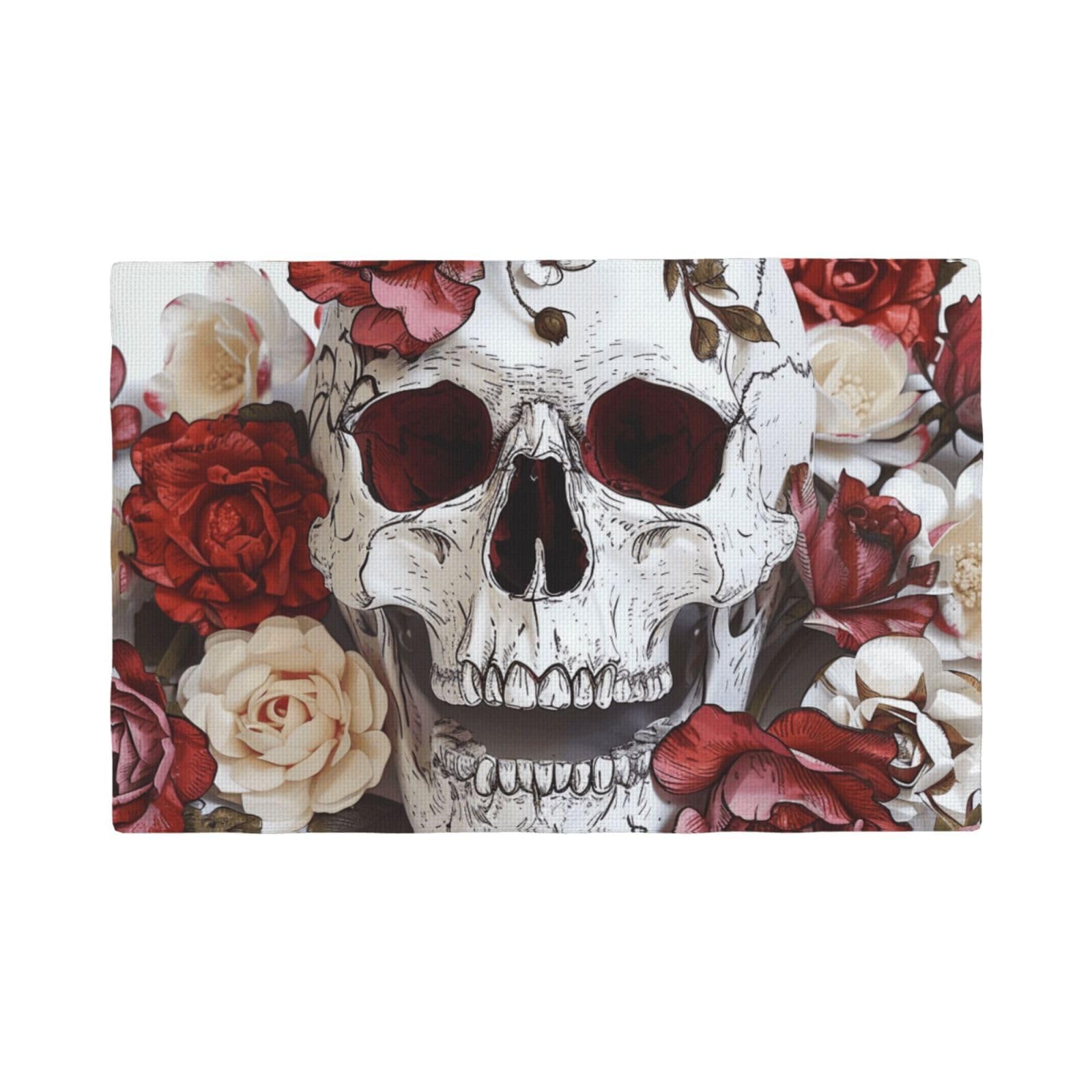 Floral Skull Print Placemats Set, Heat Resistant Washable Placemat 12x18in Table Mats for Party Kitchen Dining Table Decoration Indoor Outdoor, Six Piece