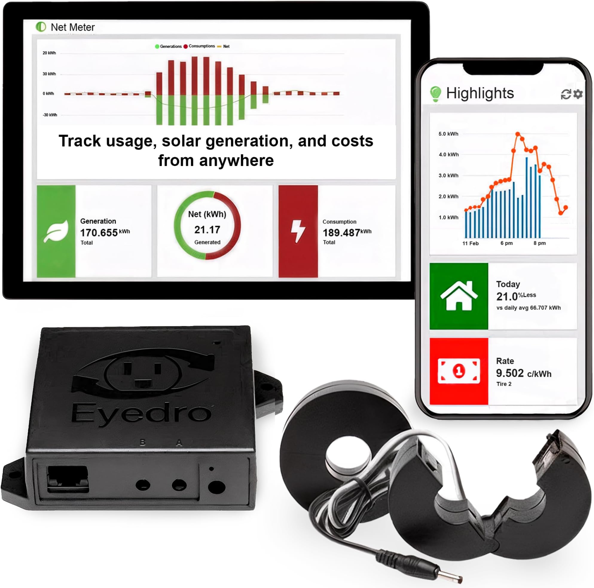 Eyedro Home Energy Monitor – Real-Time Electricity Usage Monitor with Solar Net Metering-Whole House Power Consumption Monitor–WiFi/Ethernet Smart Energy Meter with Reports & History, 2 Sensors