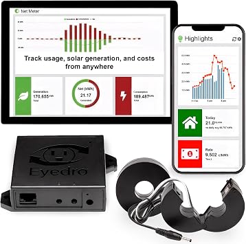 Eyedro Home Energy Monitor Real-Time Electricity Usage Monitor with Solar Net Metering-Whole House Power Consumption MonitorWiFi/Ethernet Smart Energy Meter with Reports & History, 2 Sensors