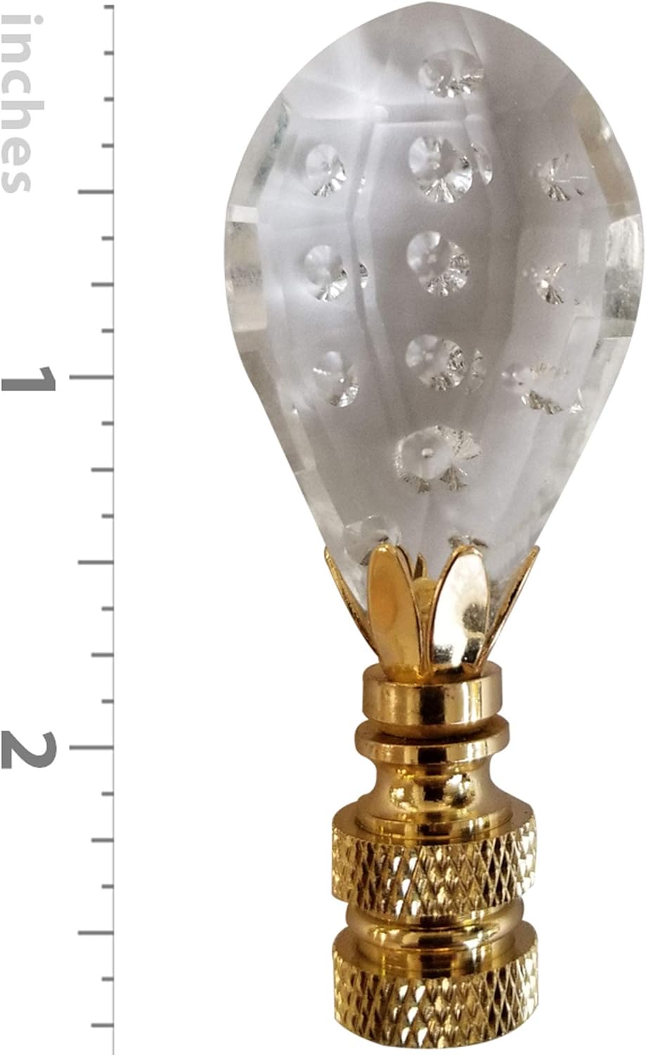 Royal Designs Balloon Shaped with Dot Design Lamp Finial, Clear Faceted Crystal, Polished Brass Base - Set of 2