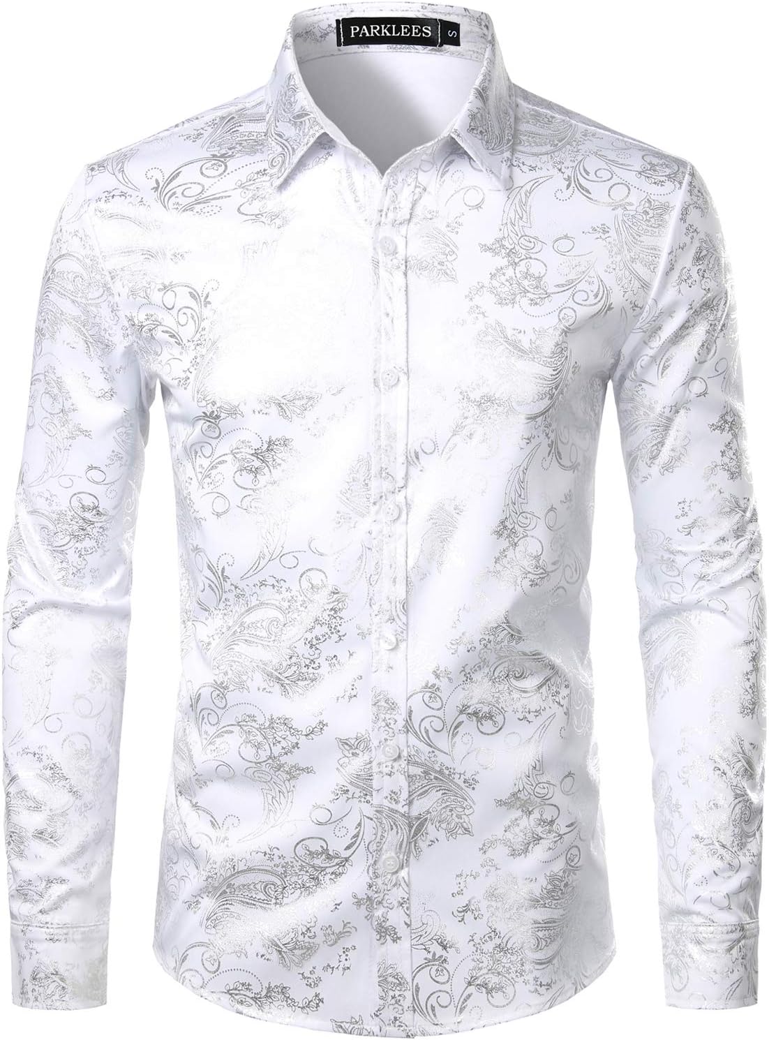 Men's Luxury Paisley Gold Shiny Printed Stylish Slim Fit Button Down Dress Shirt