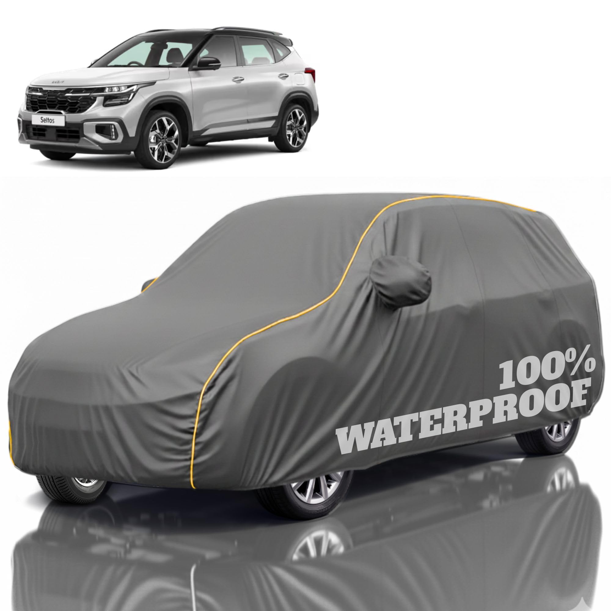 Premium Polyester Car Cover Seltos All-Weather Protection from Rain, Dust &amp; Sun | UV Resistant Fabric | Full Body Secure Fit for Outdoor &amp; Indoor Parking Grey