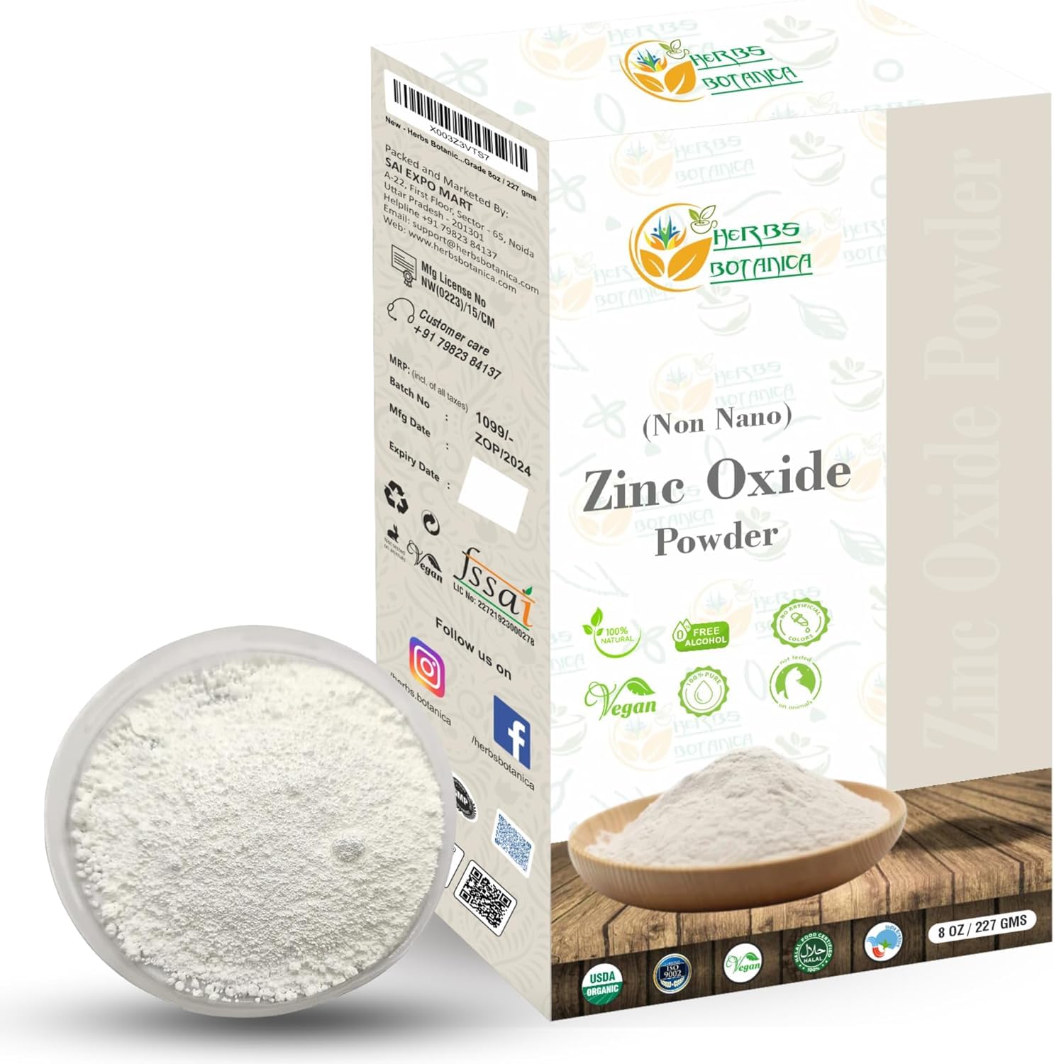Herbs Botanica Zinc Oxide Powder Non-Nano, Pharmaceutical Grade for Skin Protection, Healing, Baby Diaper Rash Cream, Sunscreen, Acne Care, DIY Cosmetics & Creams, 8 oz / 227 gm