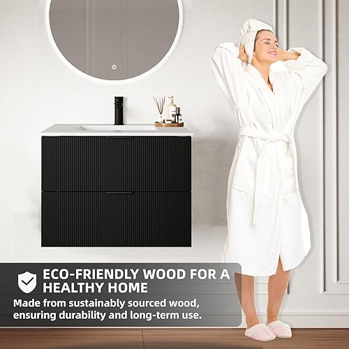 Miniatura 4 de Gabinete de baño flotante de 24 pulgadas, color negro, tocadores de baño montados en la pared, vanidad moderna acanalada con cajones