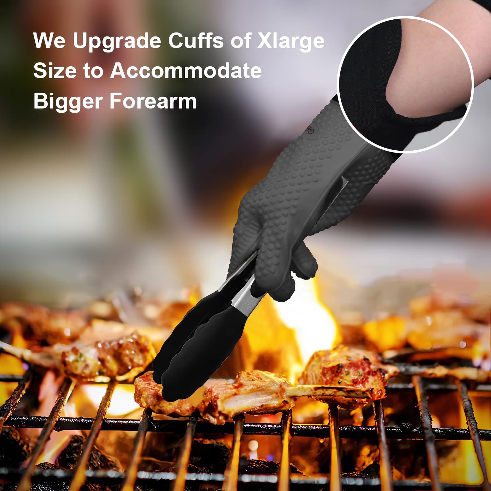 GEEKHOM Guantes Cocina, XL Guantes Horno, Manoplas para Barbacoa Asado BBQ, Resistentes al Calor hasta 230℃ con Silicona Antideslizantes Impermeable, 35.56cm Largo para Proteger El Antebrazo -Gris