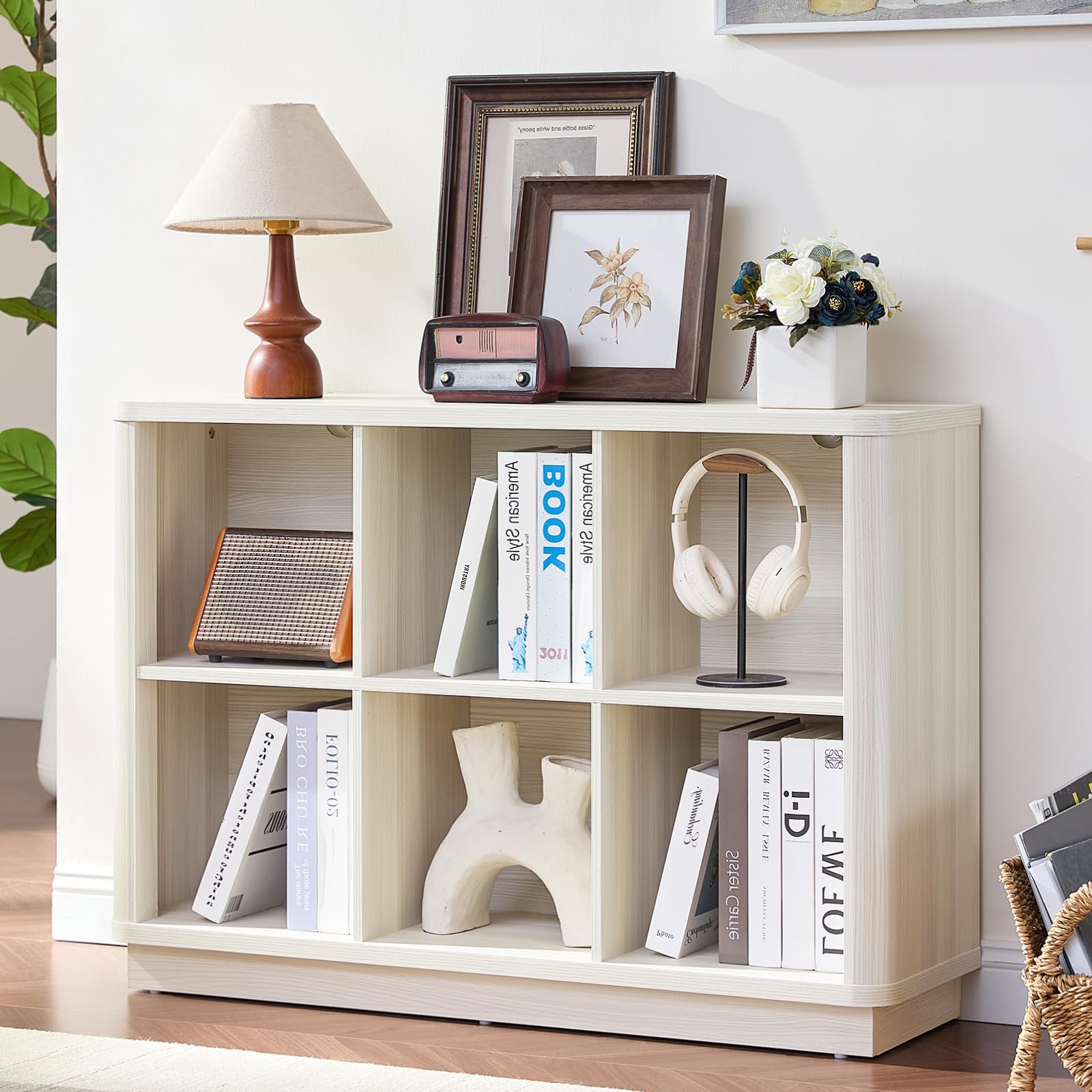 LELELINKY 6 Cube Storage Bookcase, 40" Wide Wooden Book Shelf with Thickened Base, Freestanding 2-Tier Open Book Case Unit with Curved Edge, Cube Organizer Shelf for Living Room & Bedroom, Oak White