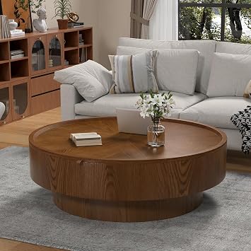 Rustic Wood Round Coffee Table with Storage, Modern Luxury Circle Drum Center Tables with Solid Wood Veneered and RemovableTop, for Living Room Apartment V39