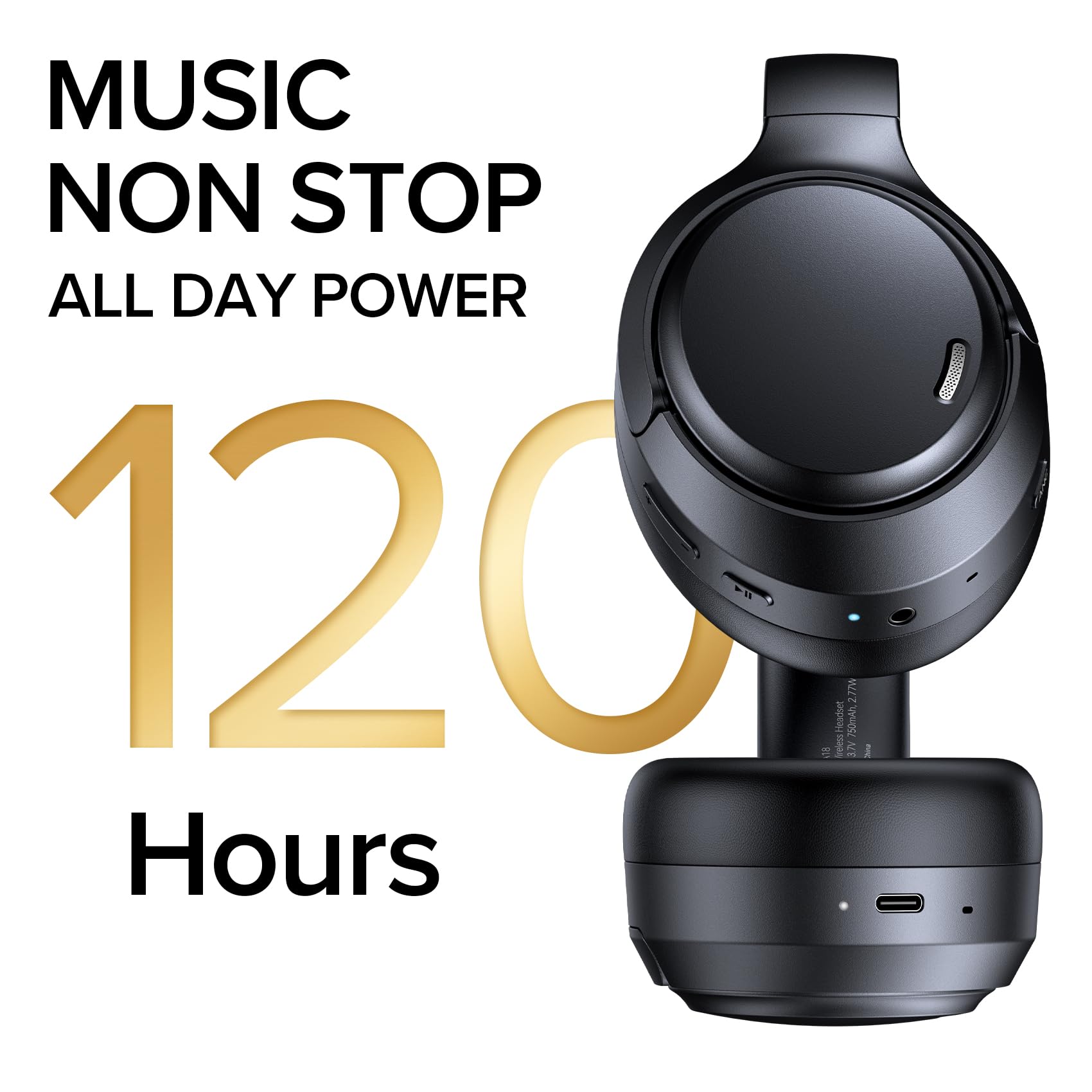 Casque hybride Bluetooth 6.0 avec suppression active du bruit, 120 heures de lecture, micro 6 ENC, casque supra-auriculaire sans fil, audio haute résolution, écouteurs en mousse à mémoire de forme