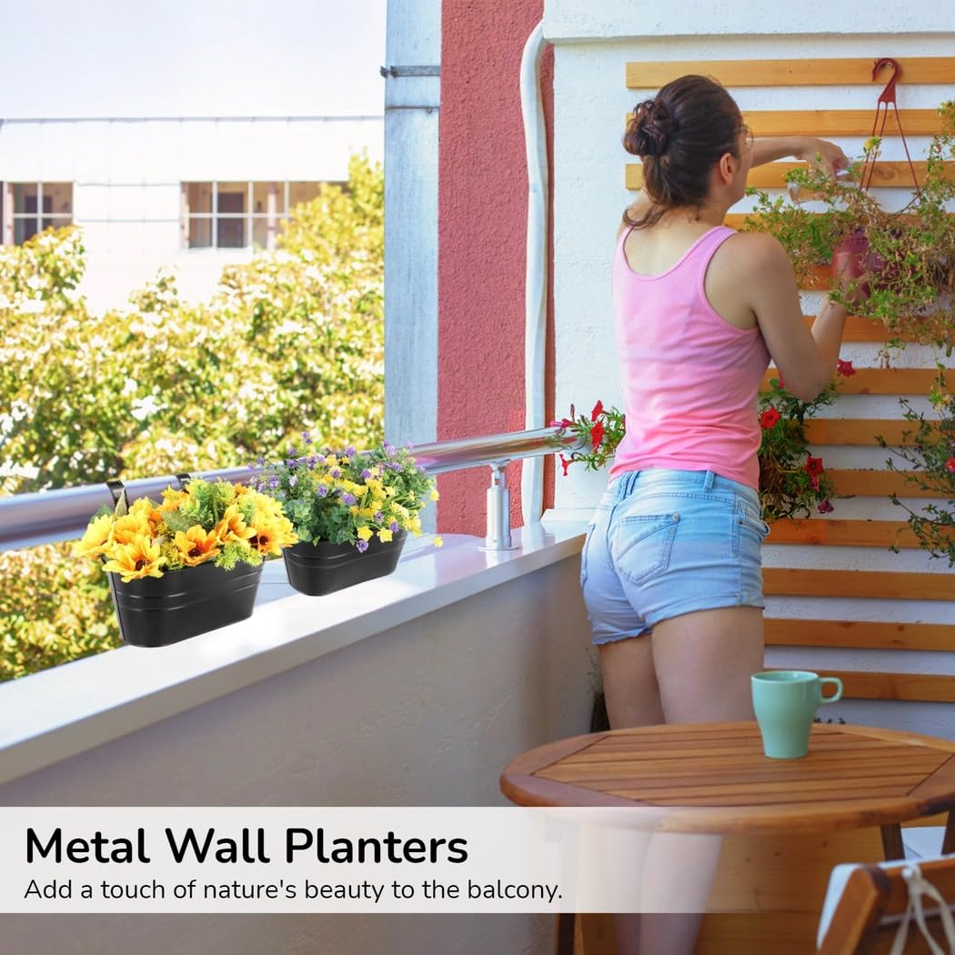Metalowe doniczki ścienne, wiszące doniczki na kwiaty, metalowe uchwyty na doniczki na balkon, ogrodzenie ogrodowe, balustrada, z odpinanymi haczykami, do wewnątrz i na zewnątrz, wisząca