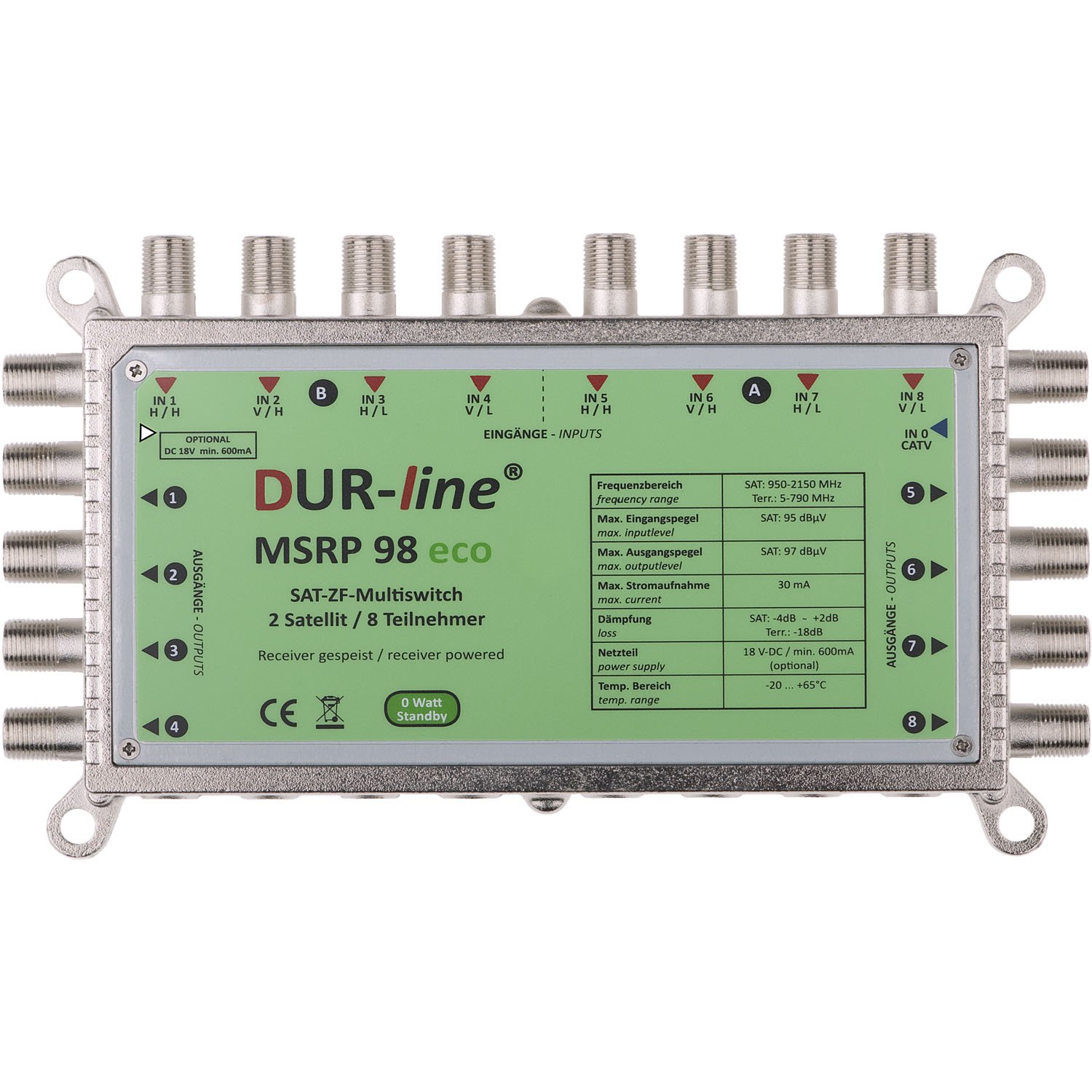 DUR-line MSRP 9/8 eco + Netzteil - Multischalter für 2 Satelliten/8 Teilnehmer - Geringe Stromaufnahme - 0 Watt Standby Multiswitch [Digital, HDTV, FullHD, 4K, UHD]