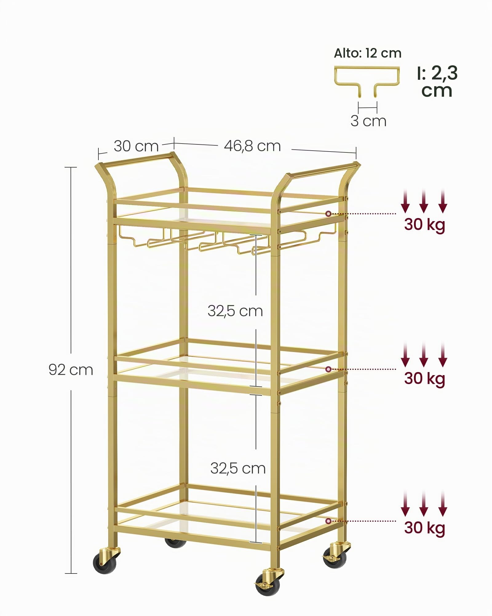 VASAGLE Carrito de 3 Niveles, Carro de Cocina Dorado, con Ruedas, con Pasamanos, Vidrio de Espejo, Carro para Espacios Pequeños, Cocina, Comedor, Baño, Salón, Bar, Dorado LRC091A62