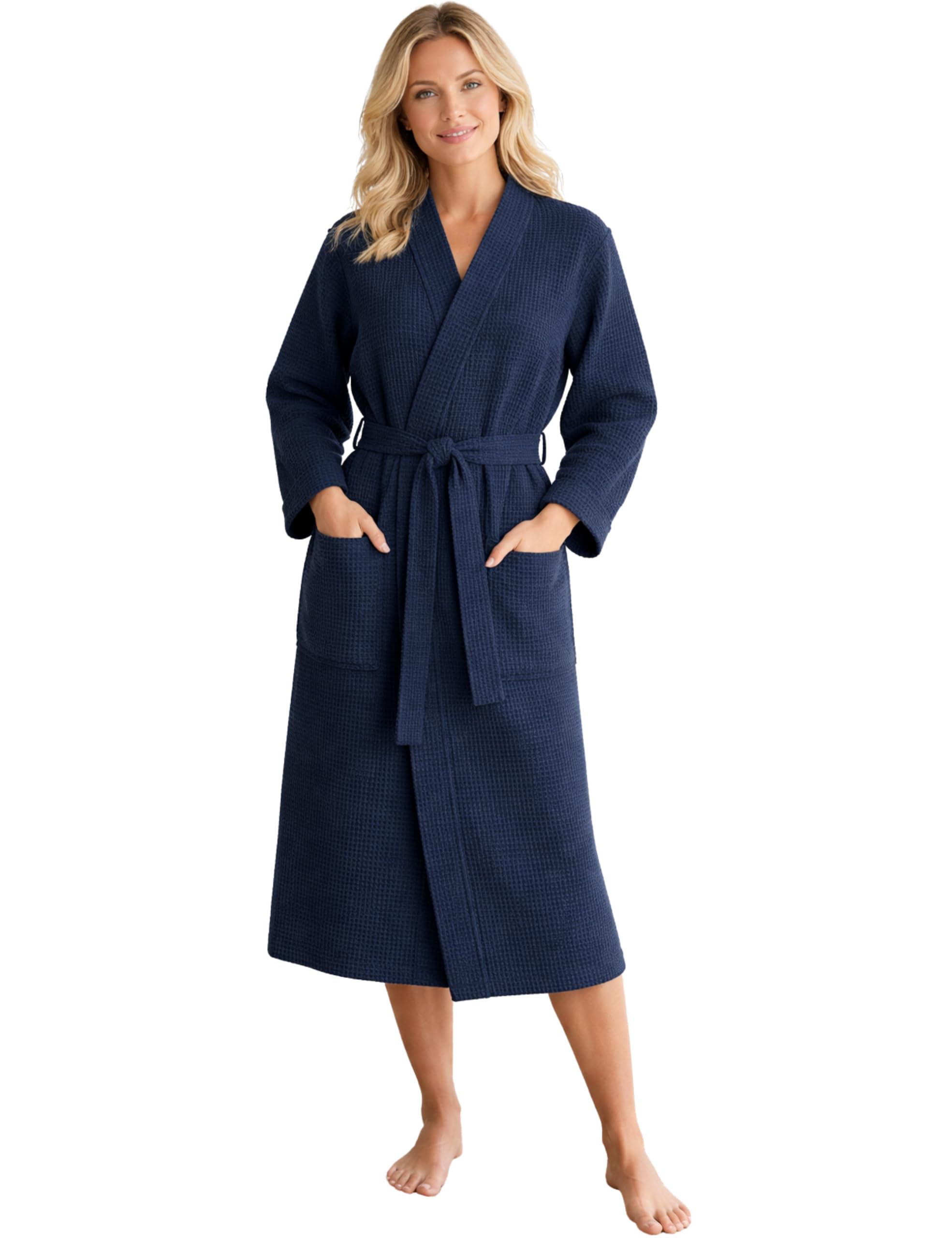 Morgenstern Cotton Waffle Summer Kimono Bathrobe Dressing Gown Lightweight Women Dark Blue Size M