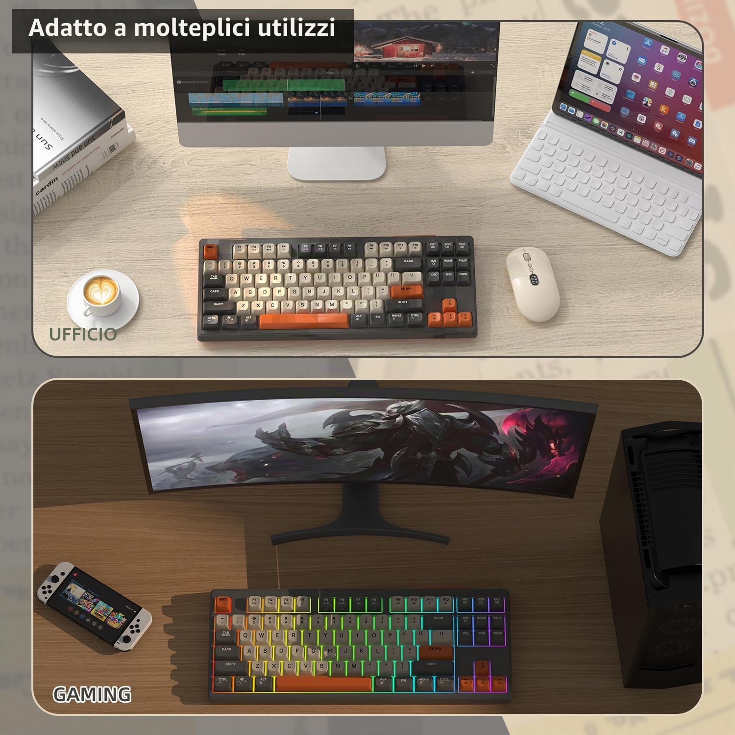 MAMBASNAKE TKL- Tastiera da gioco wireless, Bluetooth/2,4 GHz, copritasto PBT, batteria ricaricabile da 4000 mAh, tastiera retroilluminata arcobaleno a colori misti con sensazione meccanica-Glimmer