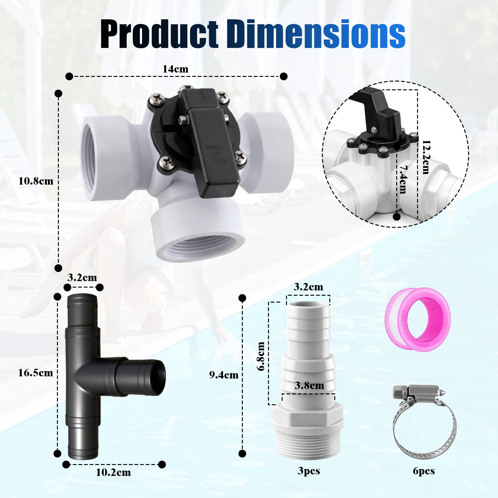 Bypass Kit Piscine 12 Pièces, Kit de Dérivation avec Vanne 3 Voies, 32/38 mm Raccordement, Adaptateur ABS, 6 Colliers INOX, pour Vanne Piscine, Chauffage Solaire, Pompe à Chaleur