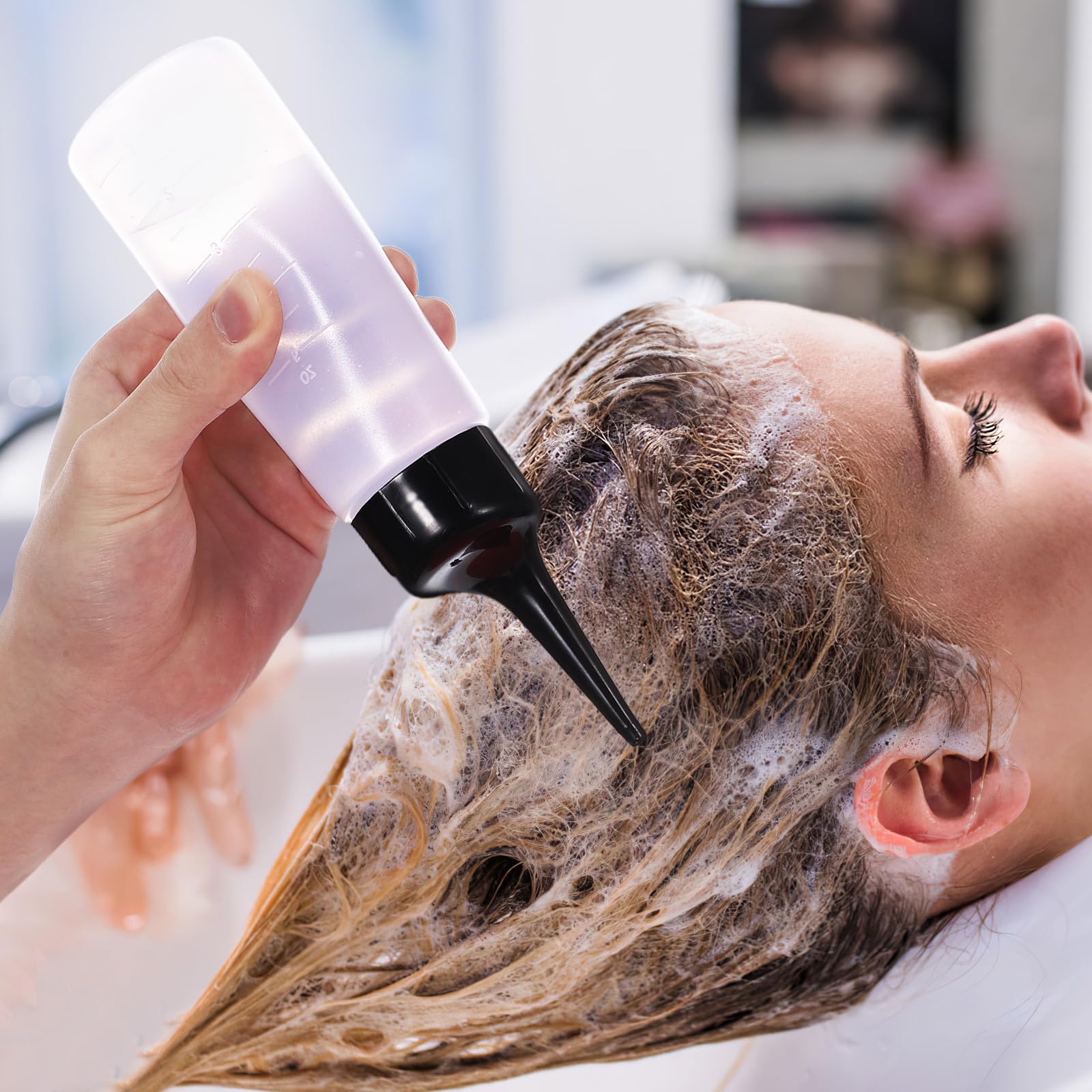 Bottiglia Applicatore Tinta Chioma Bianca in Plastica con Beccuccio Inclinato e Scala Graduata per Applicare Colore e Trattamento Chioma