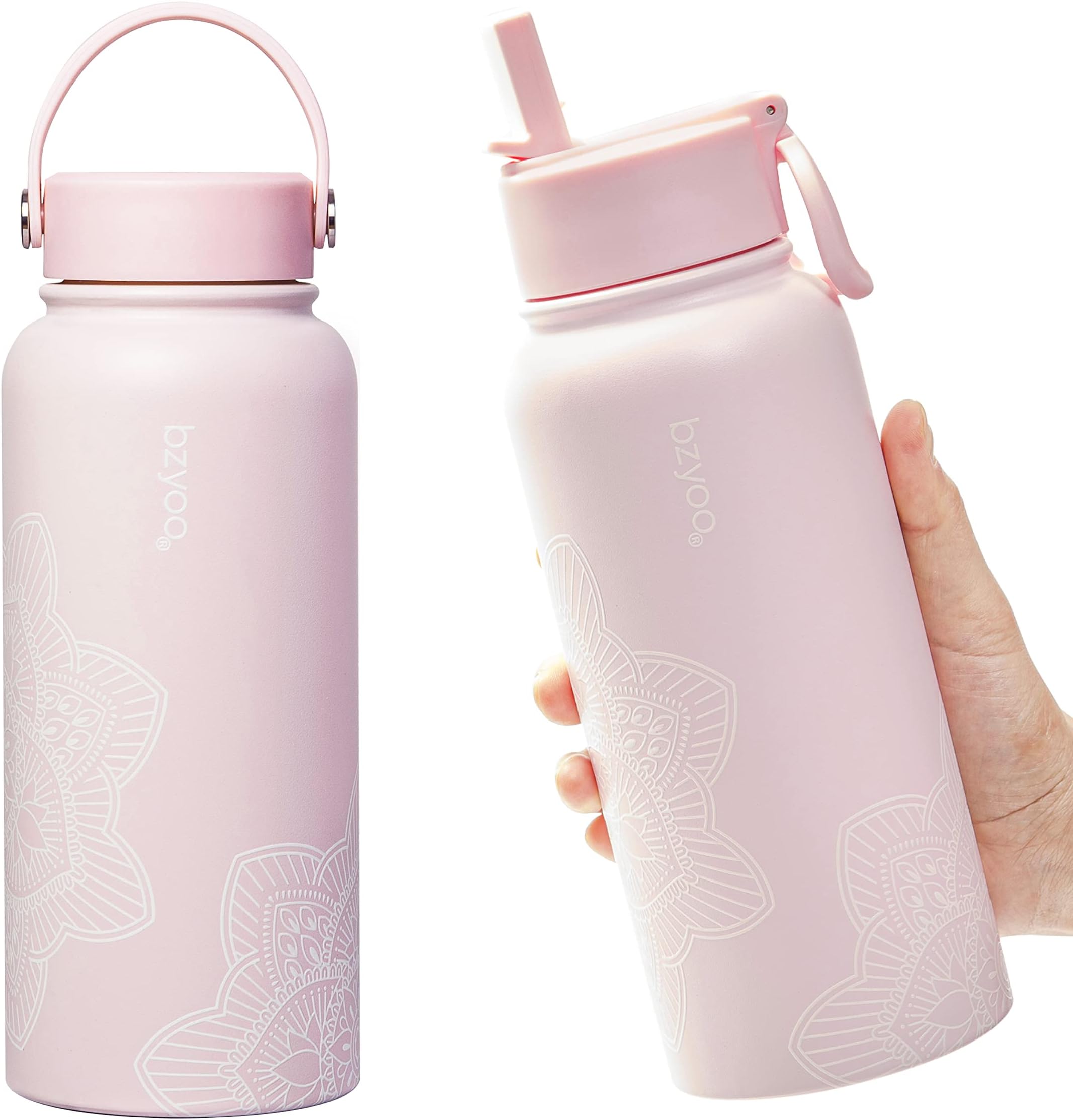 bzyoo HyDuo Sports Water Bottle 32 Oz 2 Lids (Straw Lid, Screw On Handle Lid), Vacuum Insulated Stainless Steel Double Walled Leak Proof Hot/Cold Water Bottle Gifts For Him & Her (Color: Pink)
