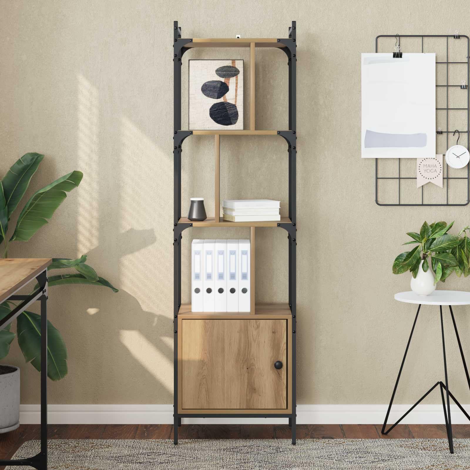 Bücherregal Artisan-Eiche 44,5 x 30 x 154,5 cm Holzwerkstoff mit 6 Regalen und Tür, stabiles Standregal aus Holz und Metall, vielseitiger Stauraum für Bücher, Deko, Ordner im Wohnzimmer