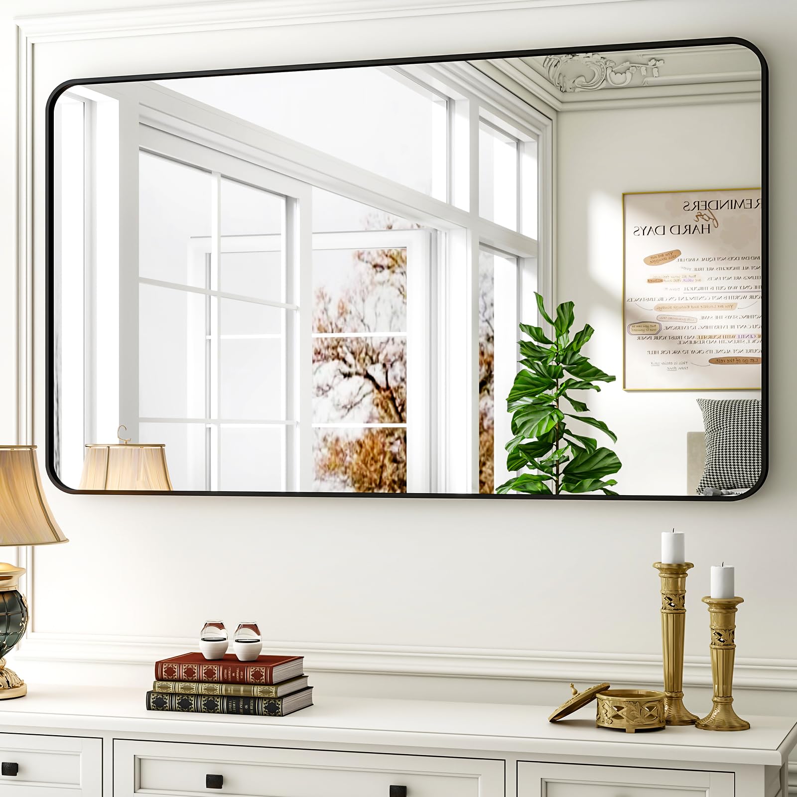 30 x 48 Inch Bathroom Mirror, Rounded Rectangular Vanity Mirror for Wall, Modern Mirror for Room Decor, Black Framed Wall-Mounted Mirrors for Home Decor, Hangs Horizontally or Vertically