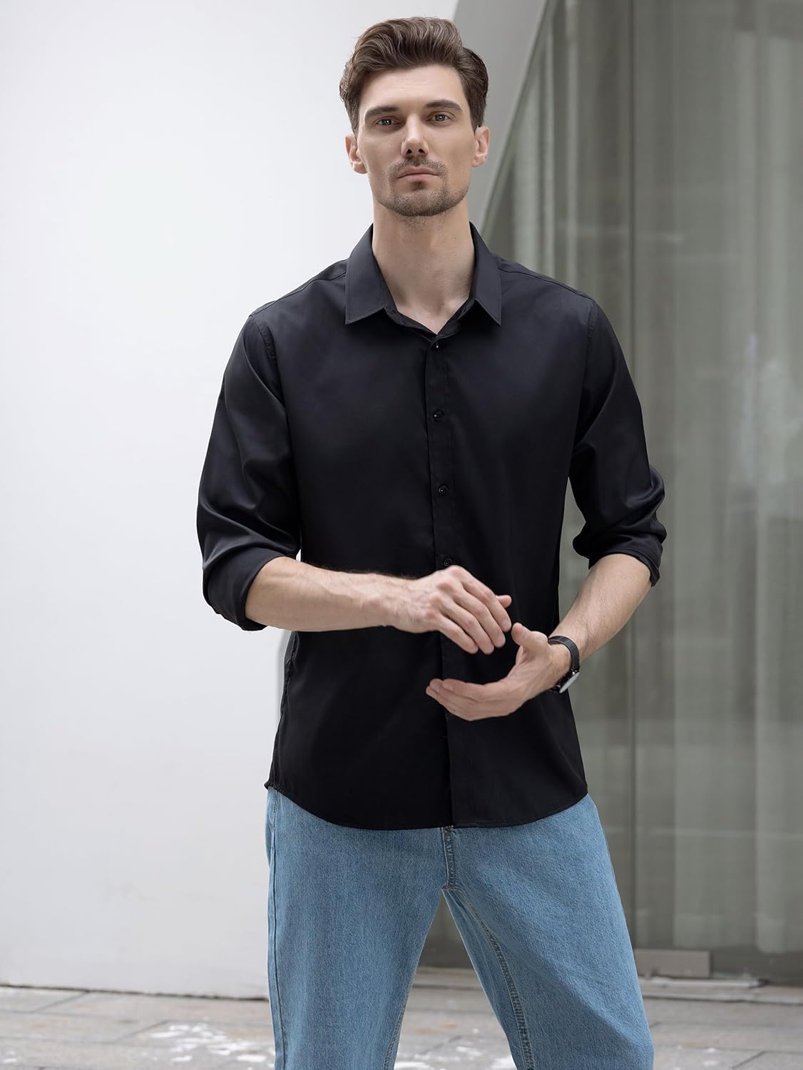 Beninos Men's Dress Shirts Solid Long Sleeve Texture Formal Shirt Business Casual Button Down Shirts - Image 3