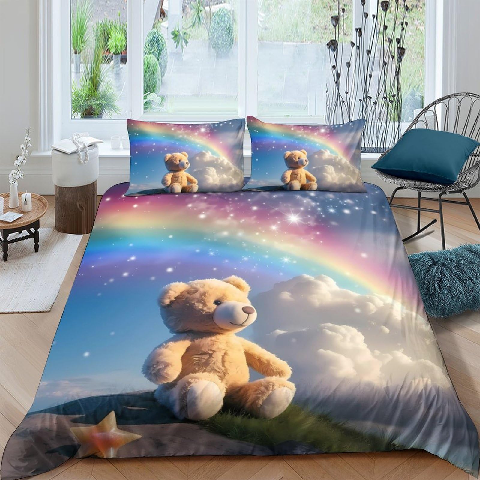 Ctjqhvkz Style-2 3D Printed Teddy Bear Rainbow Fitted Sheet Microfiber Soft Non-Slip Bed Cover For Bedroom Dorm Decoration Single（135X200cm）