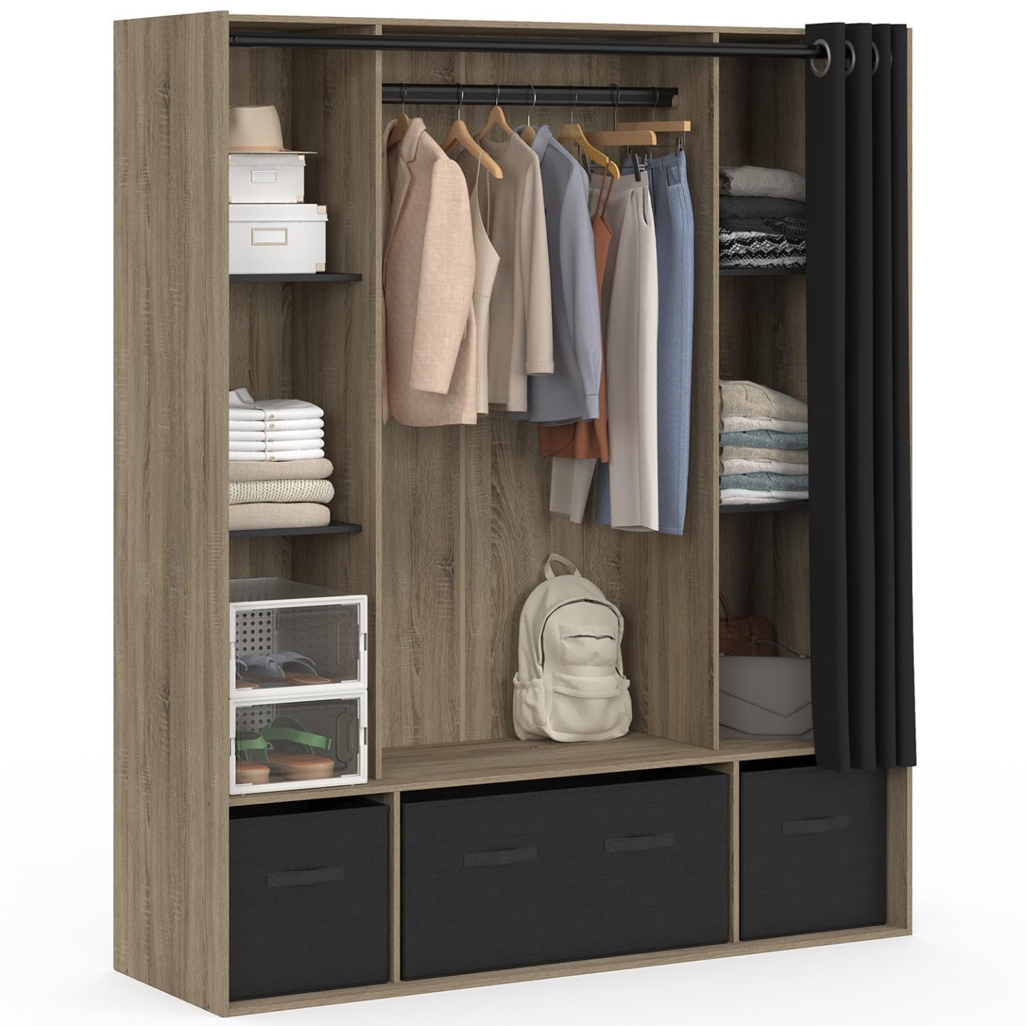 IDMarket - Dressing penderie DIANE 140 x 45 x 167 cm hêtre avec étagères + boites de rangement + rideau noir