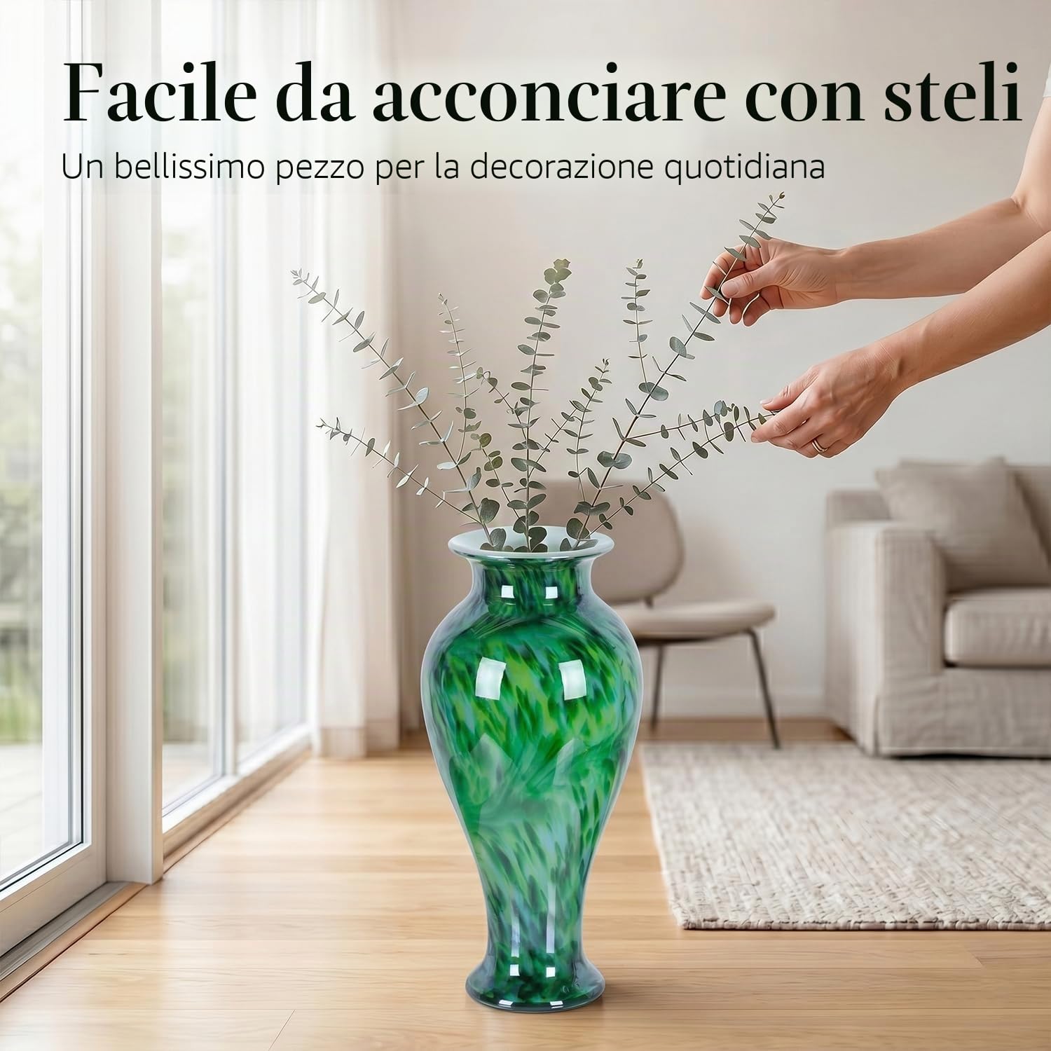 Vaso di vetro verde alto 50,8 cm, soffiato a mano, grande vaso di vetro da pavimento, decorazione per la casa, graziosi moderni vasi di fiori verde scuro, Jarrones Grandes para Sala Elegantes, grandi