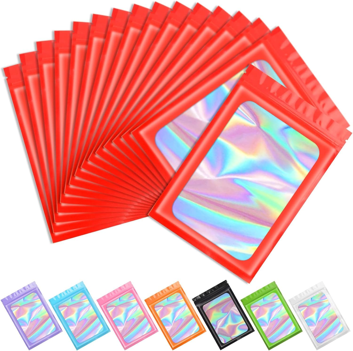 Funfery 100pcs Red Mylar Holographic Bags Packaging Bags for Food Storage