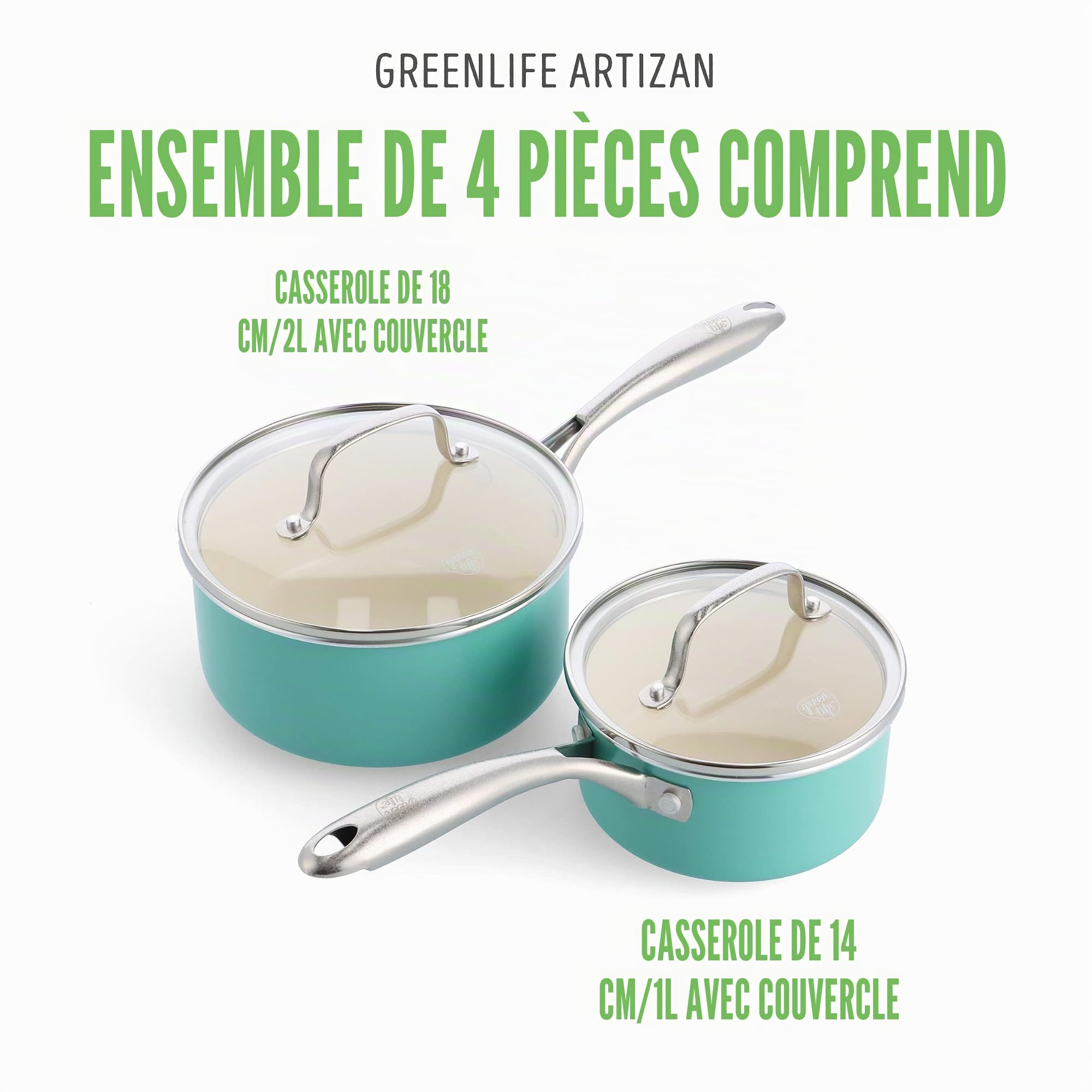 GreenLife Artizan Set de Casseroles 14cm/1L & 18cm/2L en Antiadhésive Céramique Saine, Sans PFAS, Poignée en Acier Inoxydable, Convient avec l'induction, Va au Lave-Vaisselle & au Four, Turquoise