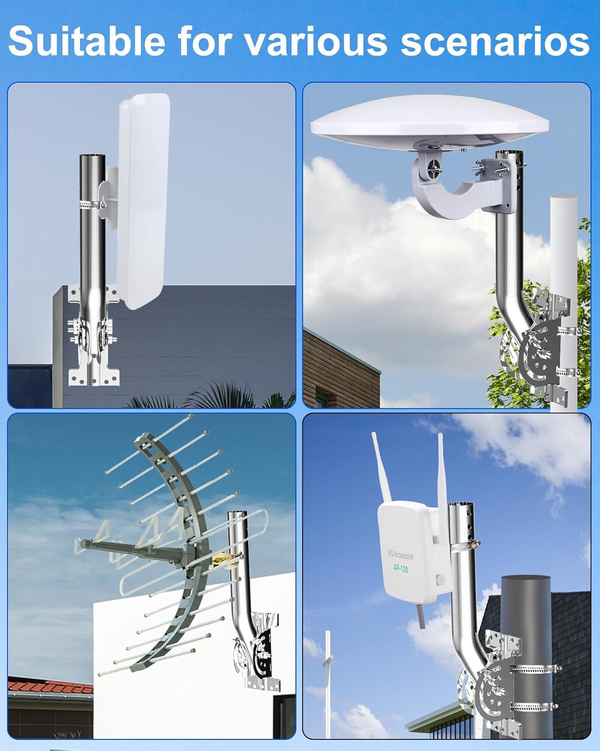 Poteau d'antenne avec goupille renforcée - Tige en J en acier inoxydable solide antirouille (3,5 cm x 30 cm), compatible avec les installations murales, gouttières ou toit, convient aux points d'accès