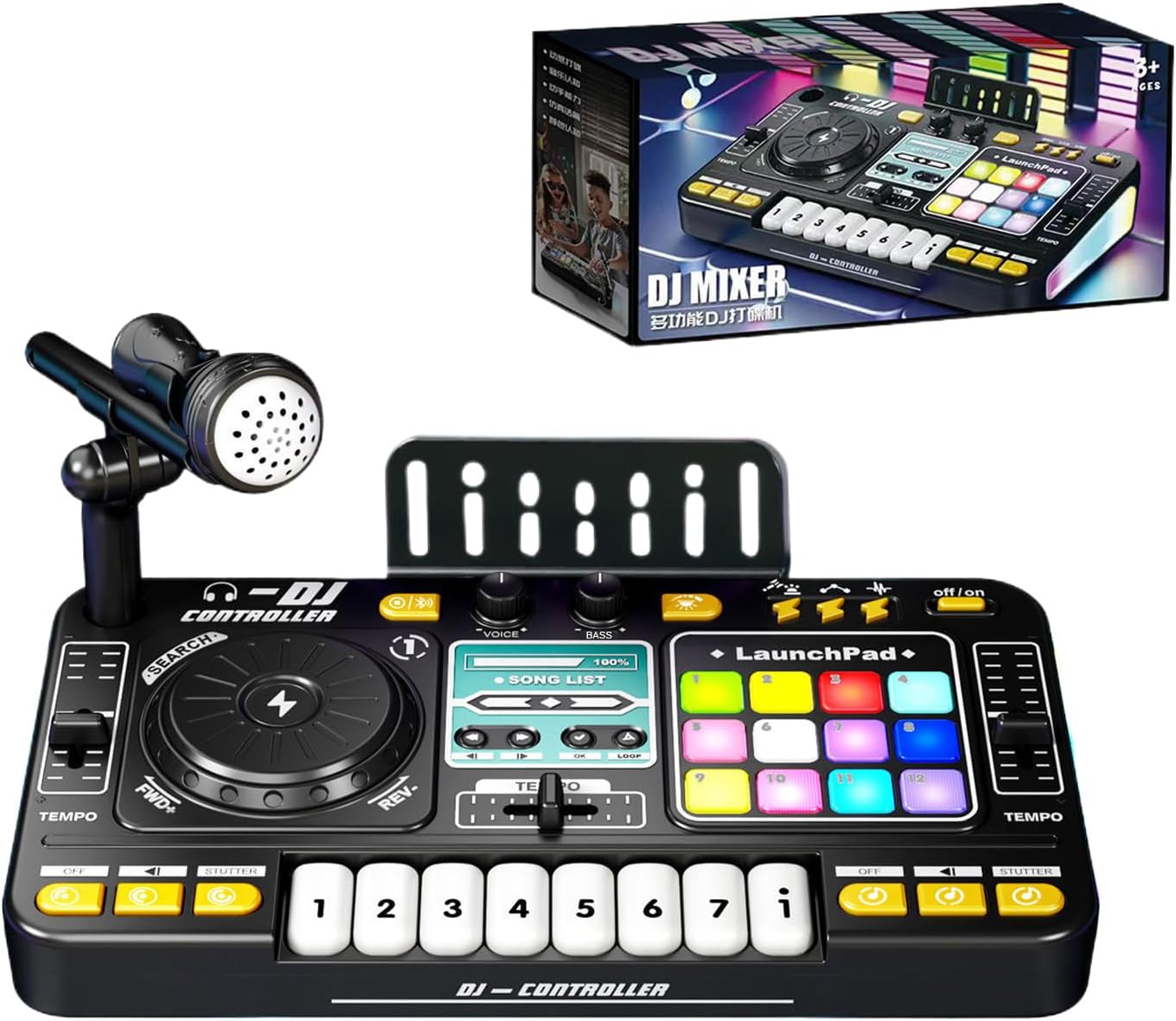 Kids DJ Mixer - 35.5x21x9.5cm Rechargeable Electric Keyboard, Mini Music Creator Console, Colorful LED Piano,Realistic Toddler Audio Toy | for Home School Stage Creative Entertainment Learning