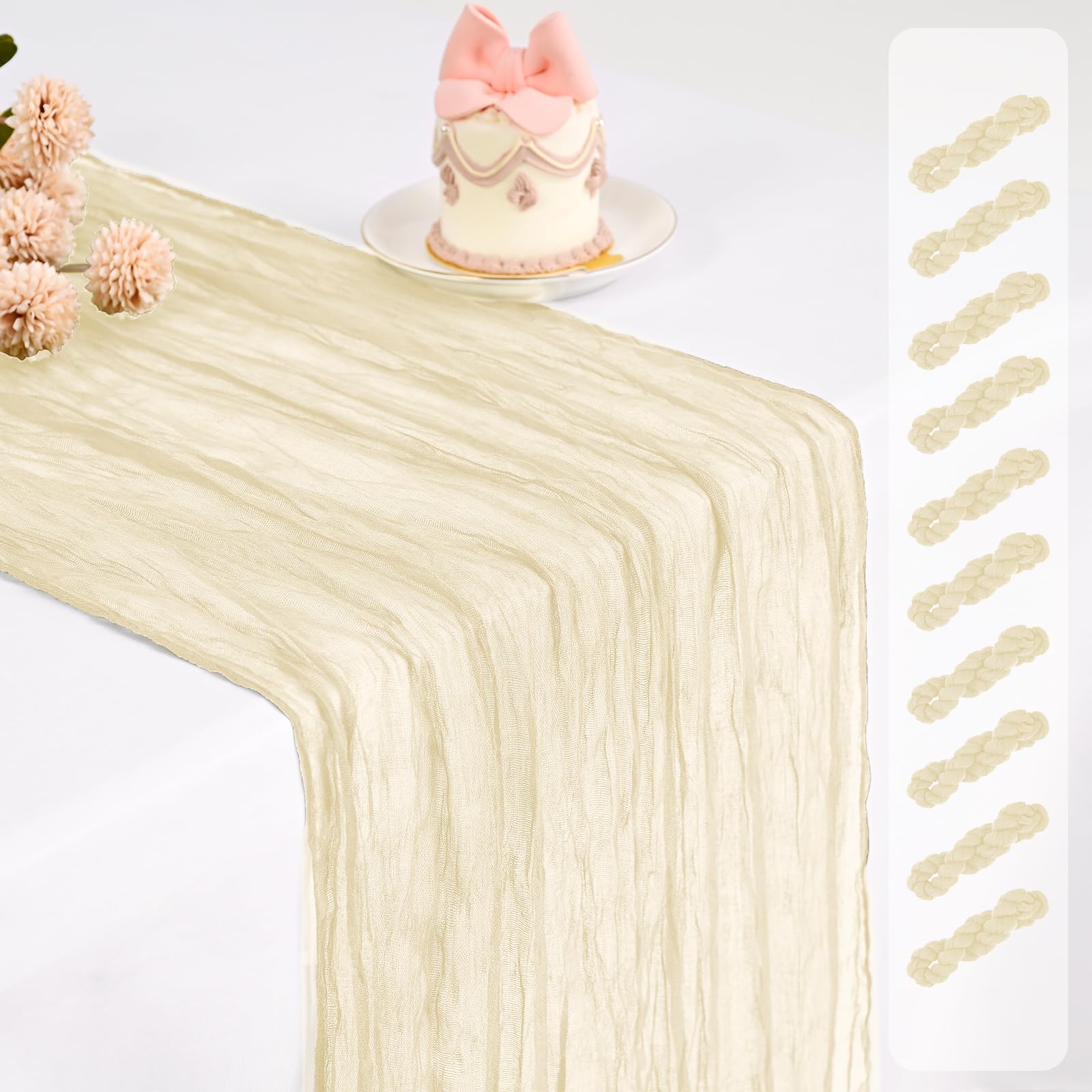 10 Pack Cheesecloth Table Runner,Ivory Table Runner Long Romantic Semi Sheer Rustic Boho Gauze Table Runners for Wedding Bridal Shower Birthday Party Decorations(17.7×108 Inch)